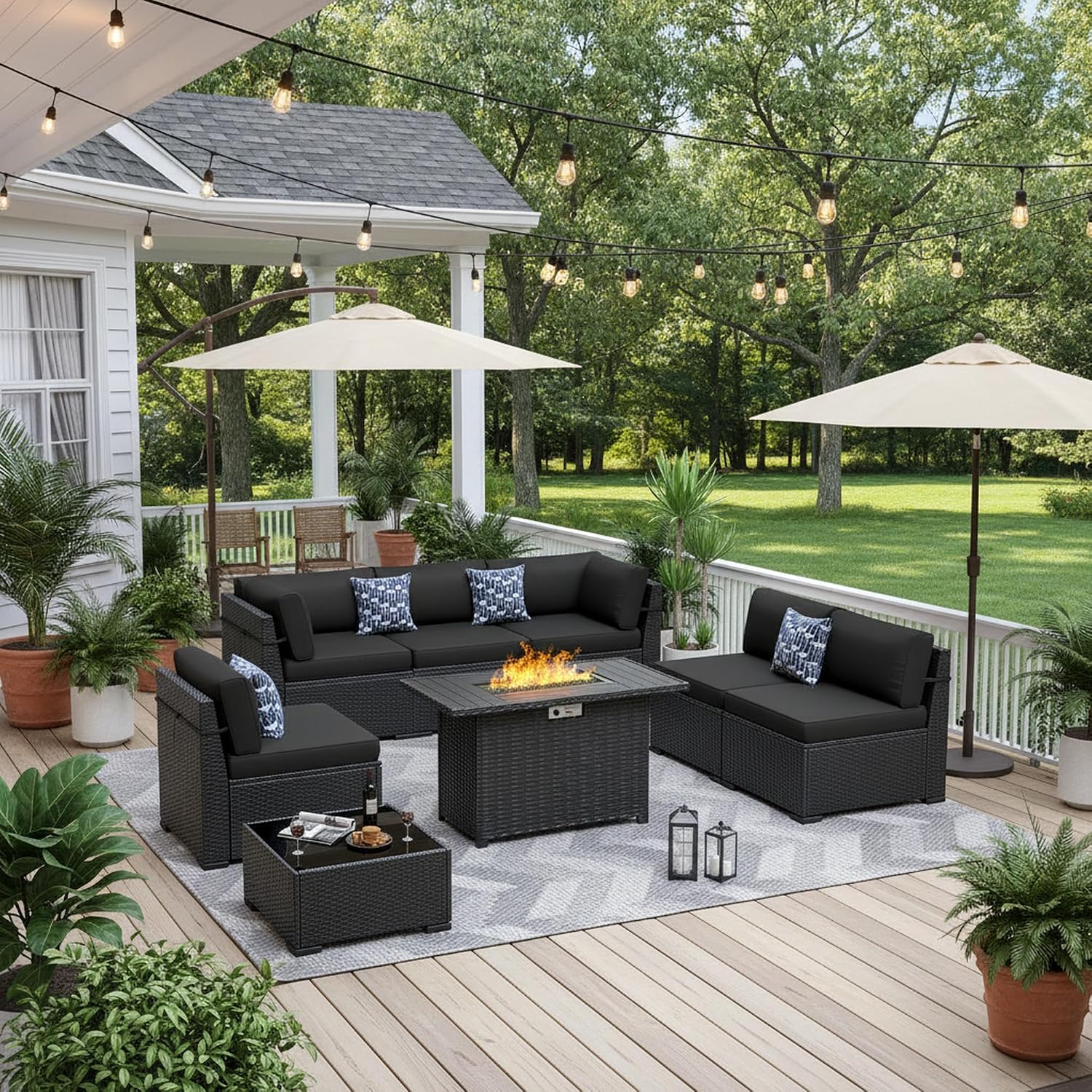 8 Piece Patio Furniture Set with 44' Fire Pit Table All-Weather Wicker Conversation Sectional Sofa & Coffee Table with Thickened Cushions for Backyard, Garden(Black)