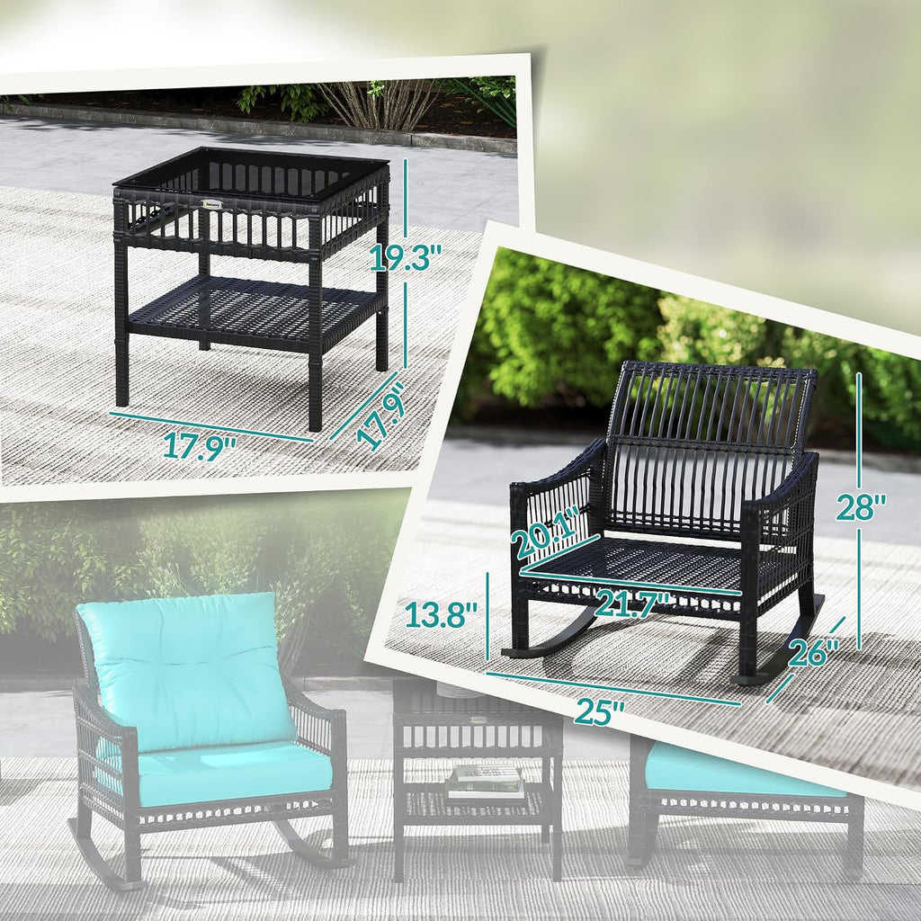 Outsunny Wicker Outdoor Rocking Chair Set, 3 Piece Patio Furniture Set with Padded Cushions and Storage Coffee Table, 2-Seater PE Rattan Bistro Set for Garden Backyard Porch, Turquoise