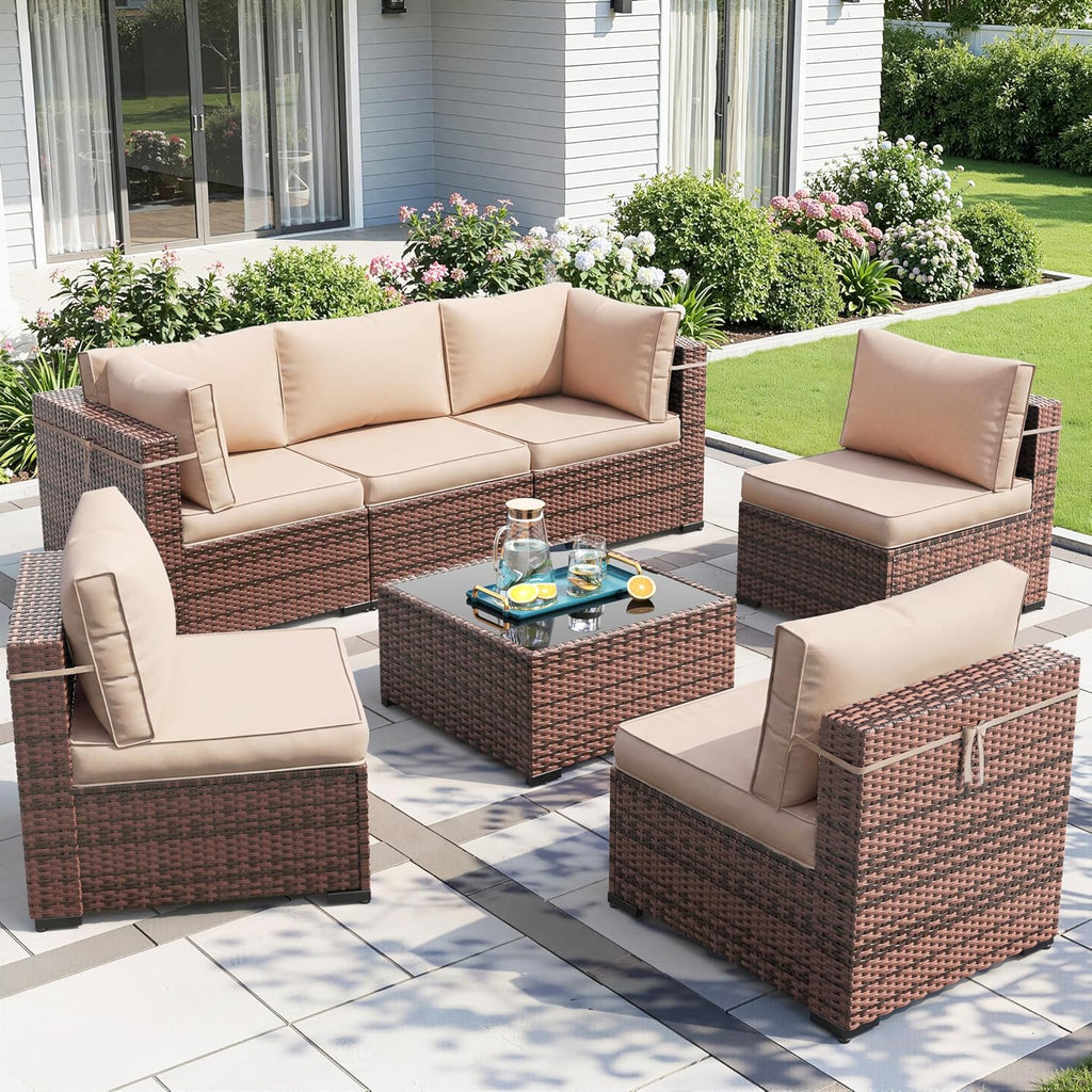Amopatio Outdoor Patio Furniture Set 7 Pieces Patio Conversation Set Sectional Couch Sofa with All-Weather Cover, Glass Table & Thicken Cushion Fits Garden Yard Porch
