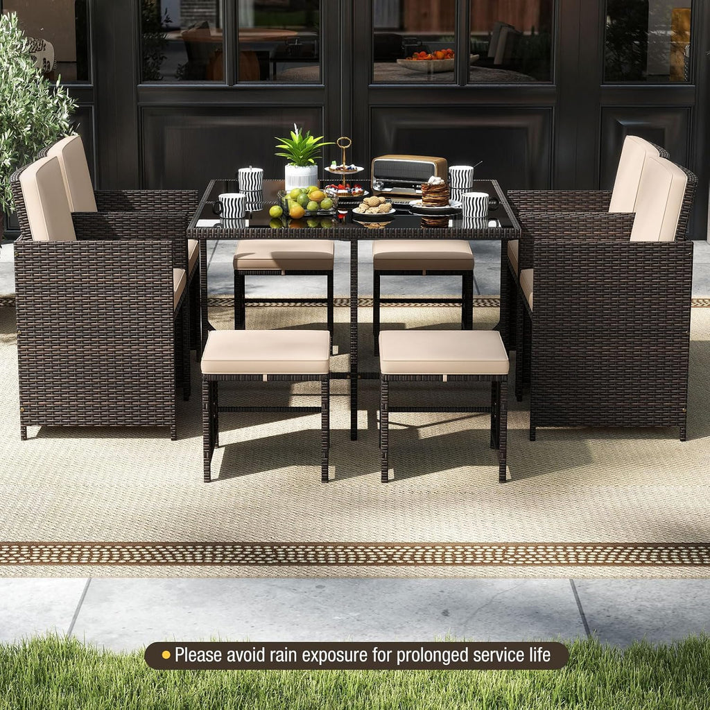 Tangkula 9 Piece Patio Dining Set, Rattan Chairs with Tempered Glass Table & Ottoman, Space Saving Wicker Sectional Conversation Set with Removable Cushions, Outdoor Furniture for Backyard Garden Deck