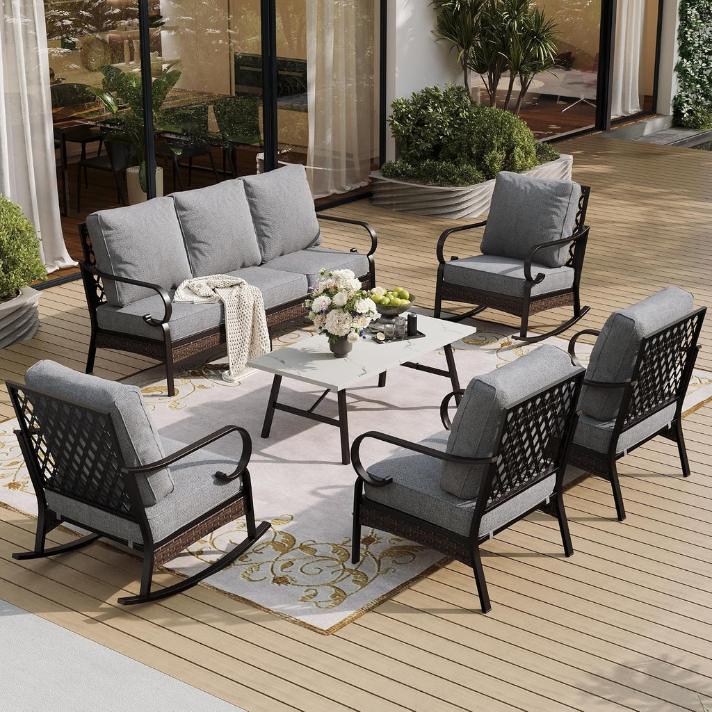 SUNSHINE VALLEY 6 Piece Metal Outdoor Patio Furniture Set, Patio Conversation Set with 1 3-Seater & 2 Fixed Sofas, 2 Rocking Sofas, 5.75' Thick Cushion & Coffee Table, Black & Gray Backyard Furniture