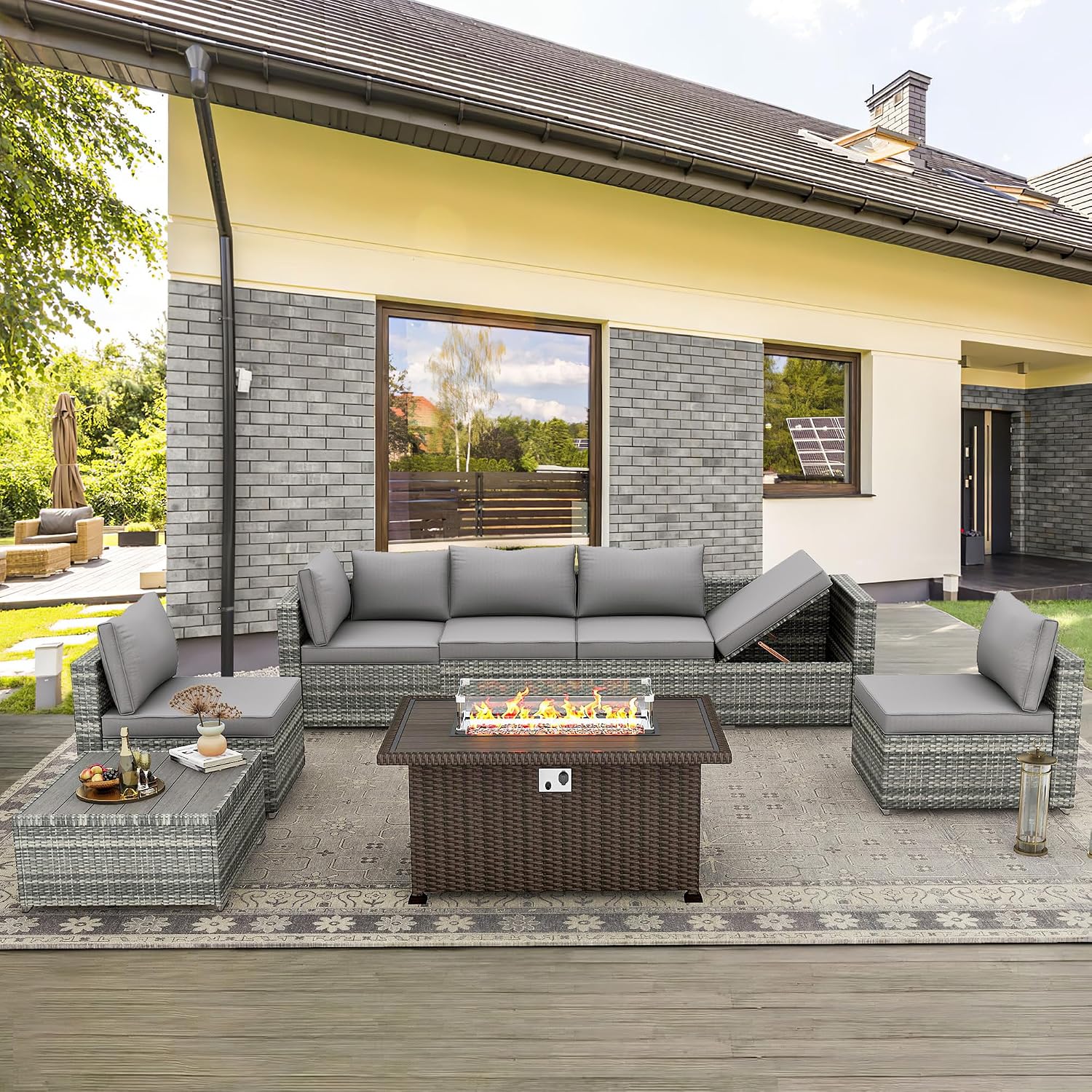 HOMREST 8 Pieces Outdoor Patio Furniture Set with 44' Propane Fire Pit Table, PE Rattan Sectional Sofa Conversation Set w/Adjustable Bracket,Wood Coffee Table for Backyard (Grey)