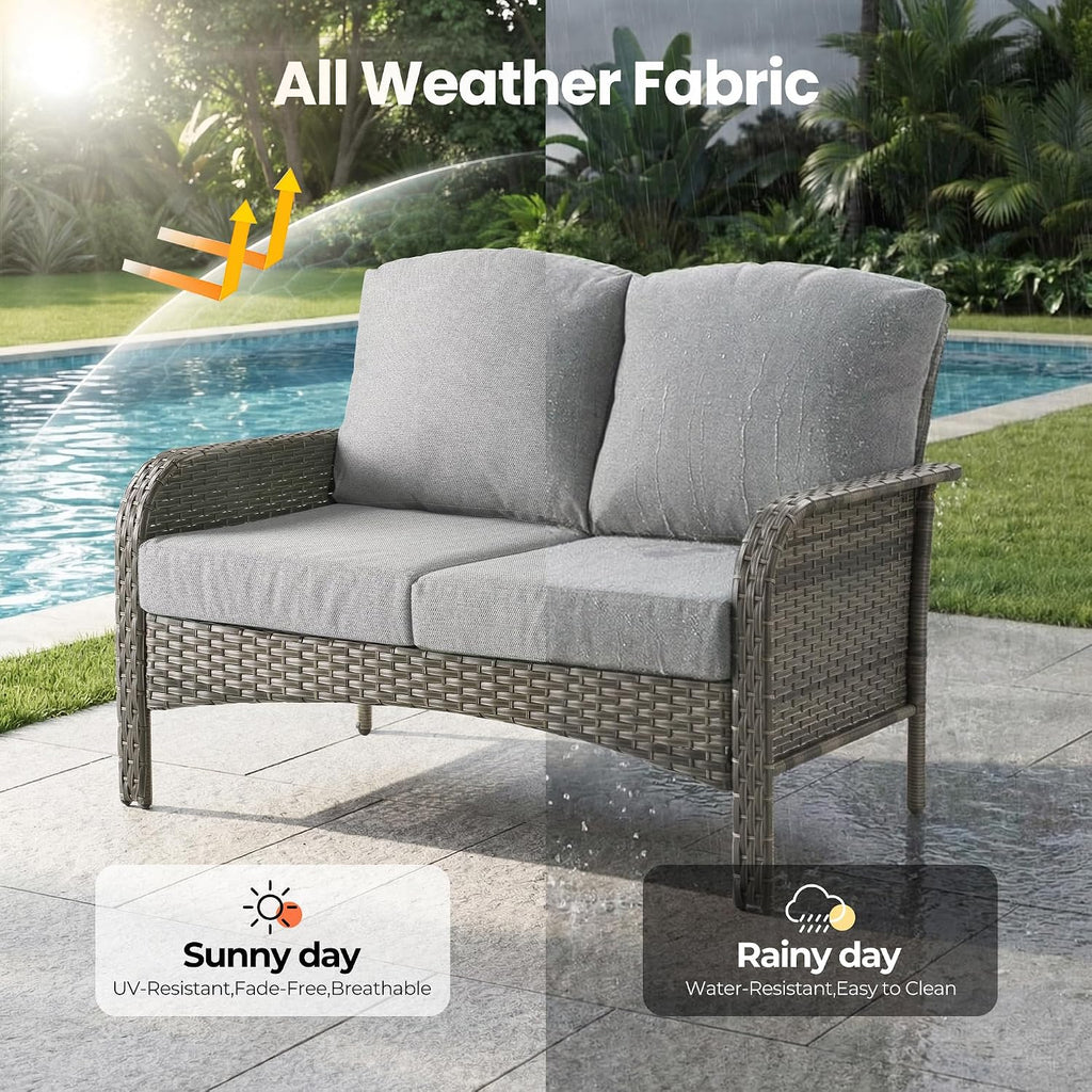 Wicker Patio Furniture Set High Back Loveseat Sofa Couch Armchair Coffee Table, All Weather Rattan 4 Pieces Outdoor Conversation Sets for Patio Porch Deck Backyard Poolside, Dark Gray