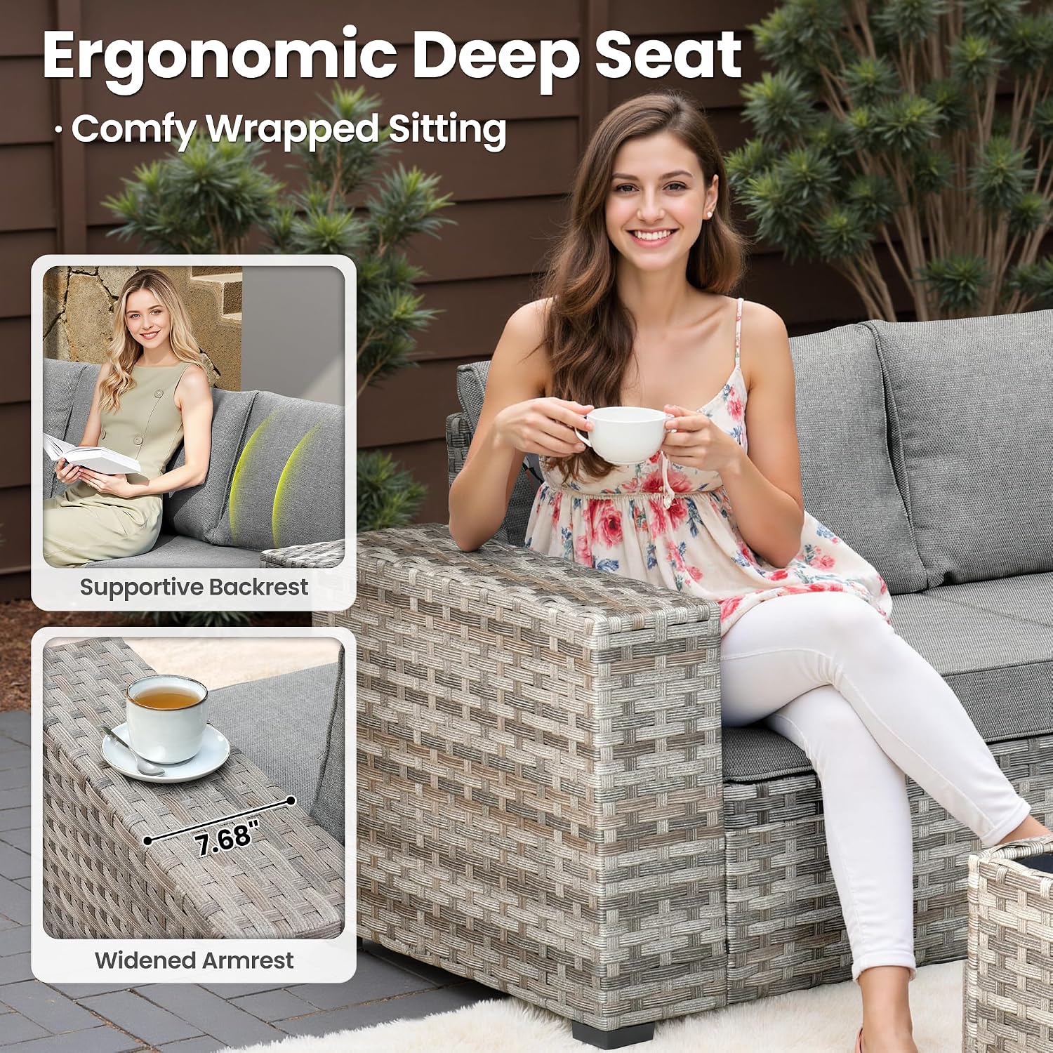 ovios 9 Pieces Patio Furniture Set, Outdoor Wicker Sectional Sofa with 42' Fire Pit Table Swivel Chair, Modern Modular Deep Seat Rattan Couch Conversation Sets, Dark Grey