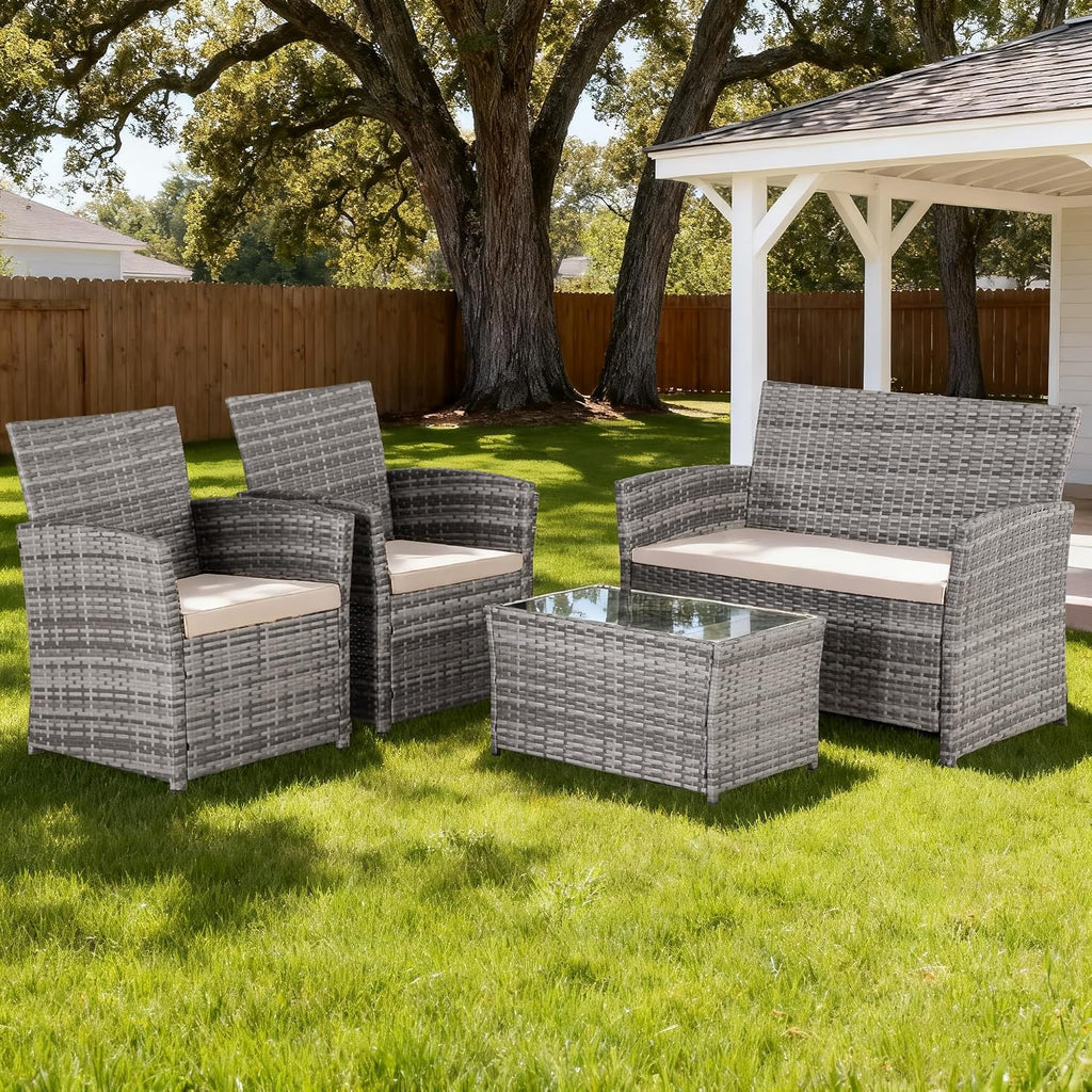 4 Piece Patio Furniture Set, Outdoor Wicker Conversation Sets, Rattan Sectional Sofa Couch with Coffee Table & Seat Cushions for Outside Backyard Porch Garden Poolside Balcony, Gray/Gray