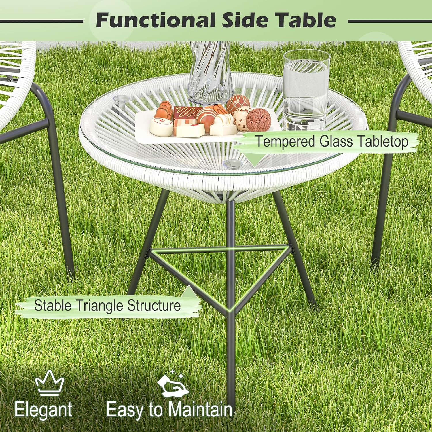 Tangkula 3 Piece Outdoor Patio Furniture Set, Acapulco Chair Set w/Plastic Rope, Tempered Glass Table, All Weather Patio Bistro Set for Patio, Lawn, Garden, Backyard