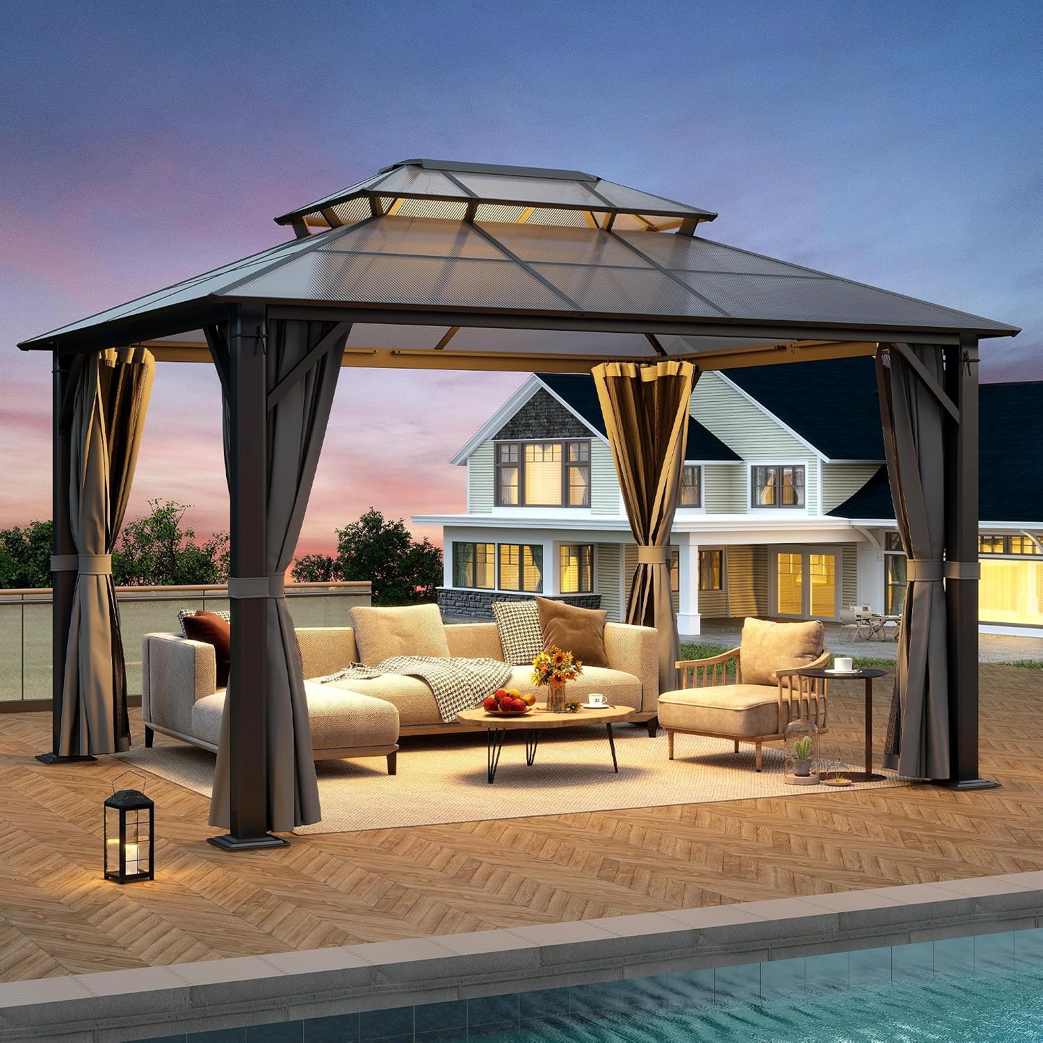 10'x12' Hardtop Gazebo, Outdoor Polycarbonate Gazebo with Netting & Shaded Curtains, Aluminum Frame Heavy Duty Gazebo for Patio, Backyard, Deck and Lawn