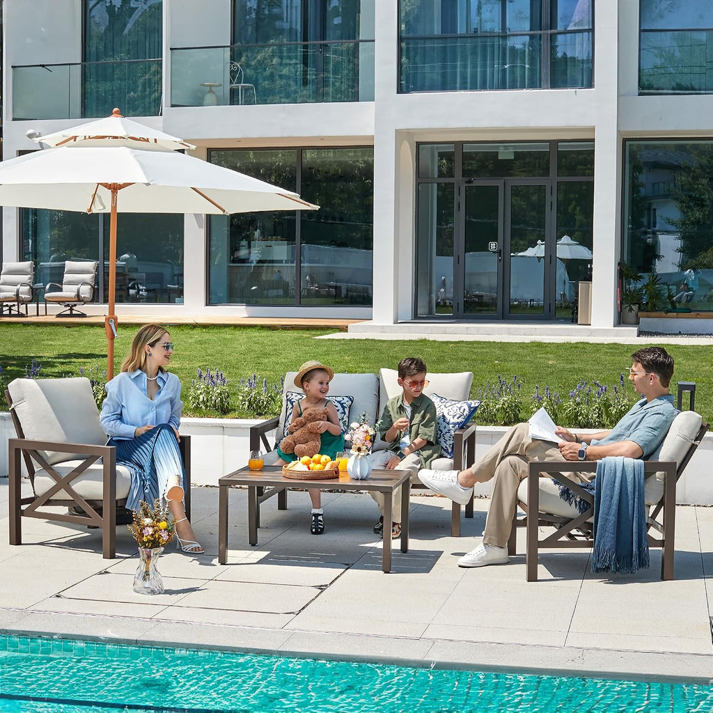 NATURAL EXPRESSIONS 4 Pieces Patio Furniture Sets,Outdoor Sectional Metal Furniture Conversation Set with Loveseat Chair,2 Single Chairs 1 Metal Table,6.5' Beige Cushions for Yard,Garden