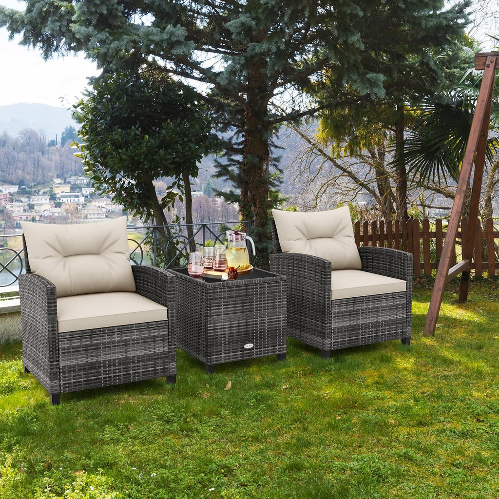 RELAX4LIFE 3 Piece Patio Furniture Set, Wicker Bistro Conversation Set w/2 Cushioned Armchairs & Glass Topped Table, Outdoor Rattan Sofa Set Patio Furniture for Porch Balcony Poolside (Grey-White)