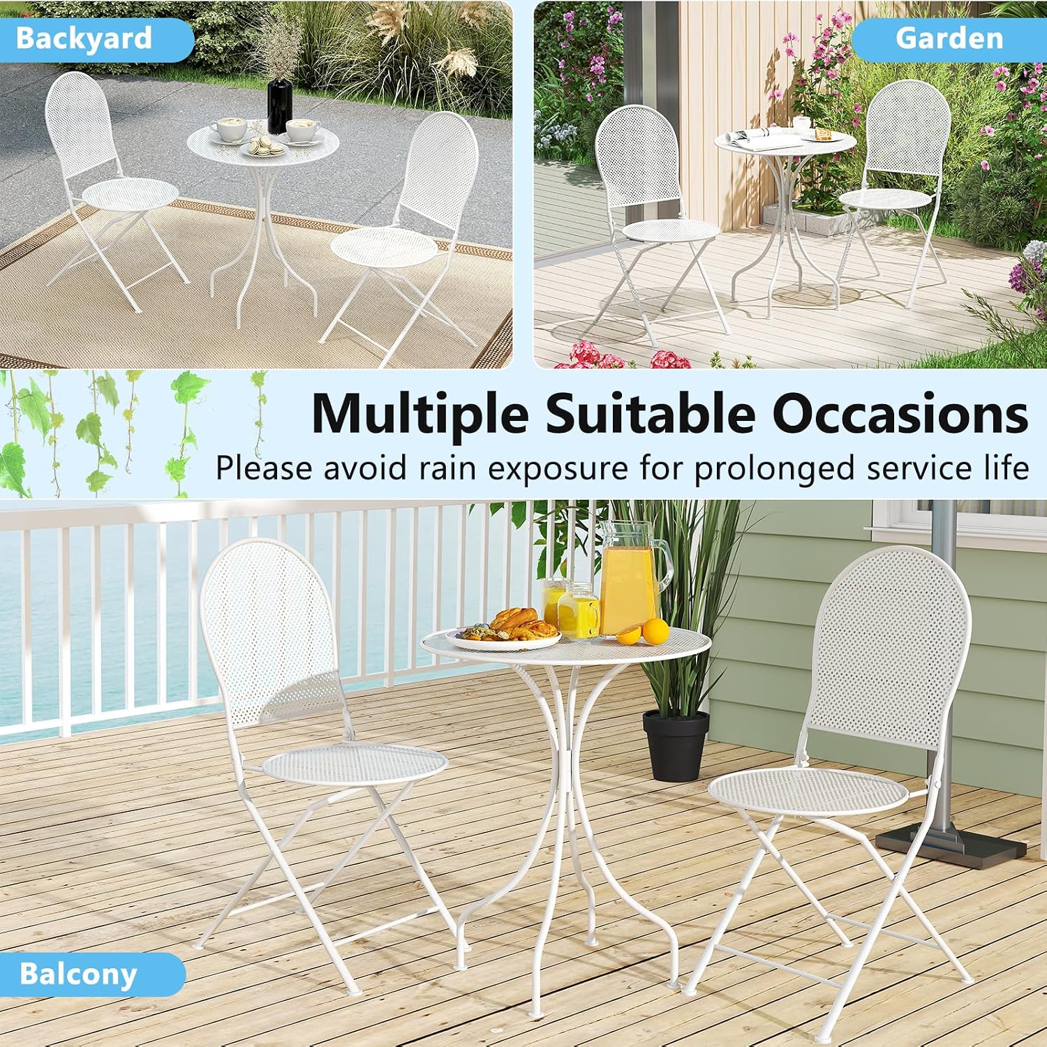 Tangkula 3 Pieces Patio Bistro Set, Metal Table and Folding Chair Set for 2, Outdoor Garden Furniture Set with Round Table & 2 Folding Chairs, Indoor Outdoor Bistro Set for Garden, Yard, Porch (White)