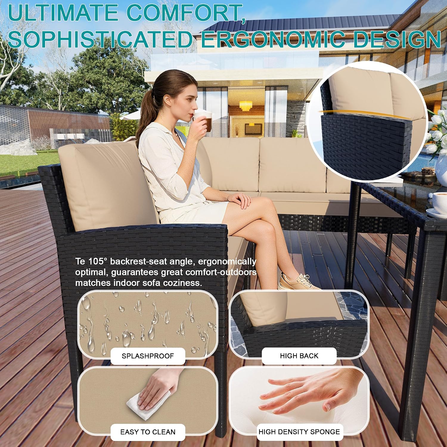 7 Pieces Patio Conversation Set, Outdoor Furniture Sectional with Throw Pillows and Anti-Slip Cushions, PE Rattan Sofa Set with Dining Table & Ottomans, Khaki