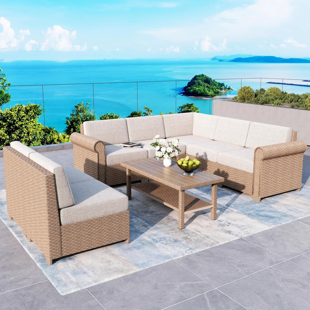 Patio Furniture Set 8 Piece, Wicker Rattan Sectional Sofa Couch with 5.5' Thick Waterproof Cushion and Coffee Table, L Shape All weather Outdoor Conversation Set for Lawn Backyard Deck, Beige