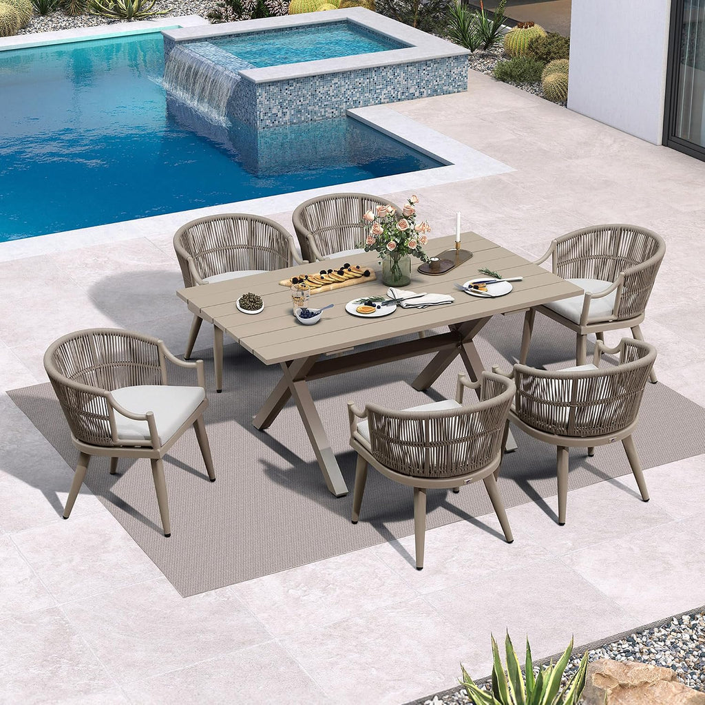 PURPLE LEAF 7 Pieces Outdoor Dining Set All Weather Wicker Patio Dining Set with Rectangular Aluminum Table and Modern Armrest Dining Chairs for Garden Deck Backyard Kitchen, Champagne