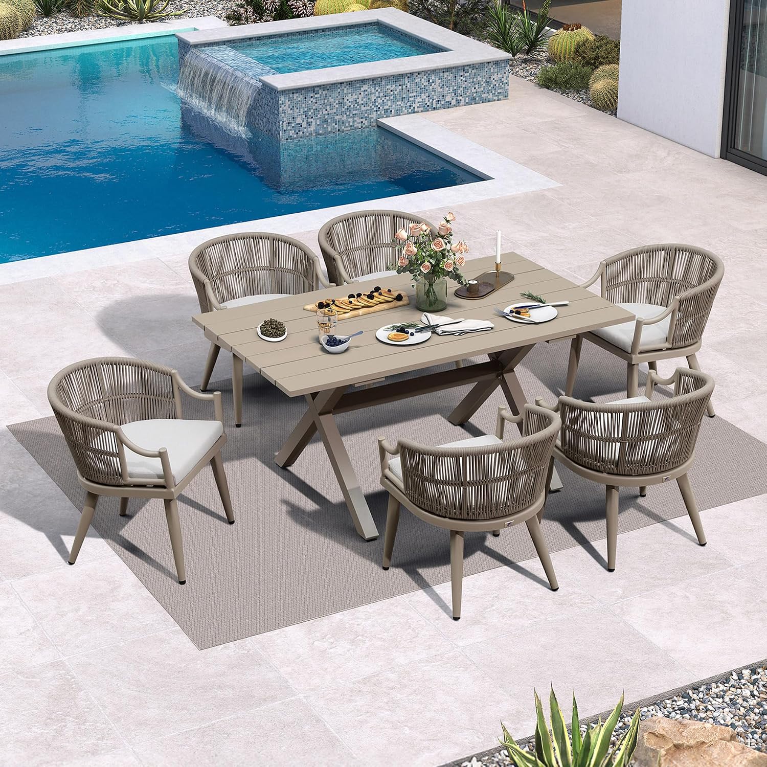 PURPLE LEAF 7 Pieces Outdoor Dining Set All Weather Wicker Patio Dining Set with Rectangular Aluminum Table and Modern Armrest Dining Chairs for Garden Deck Backyard Kitchen, Champagne