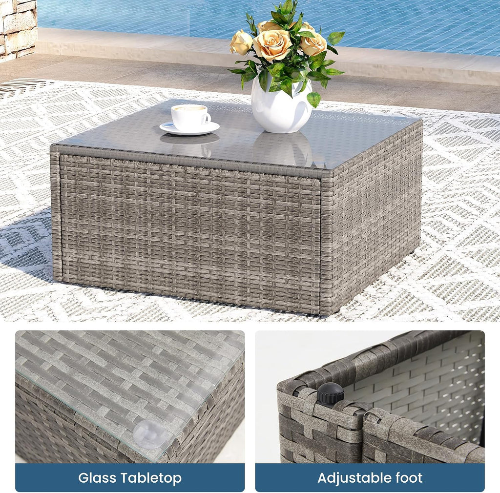 8 Pieces Outdoor Patio Furniture Set with 43' Fire Pit Table, Wicker Outdoor Patio Sectional Sofas Coffee Table, All-Weather Patio Conversation Set with Cushions for Garden Backyard, Light Blue