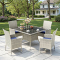 Outdoor Dining Set, 5-Piece Patio Furniture Set with Tempered Glass Table and 4 Cushioned Chairs, Dual-Strand Wicker Rattan, Balcony Furniture for Backyard, Garden, Deck,– Navy Blue