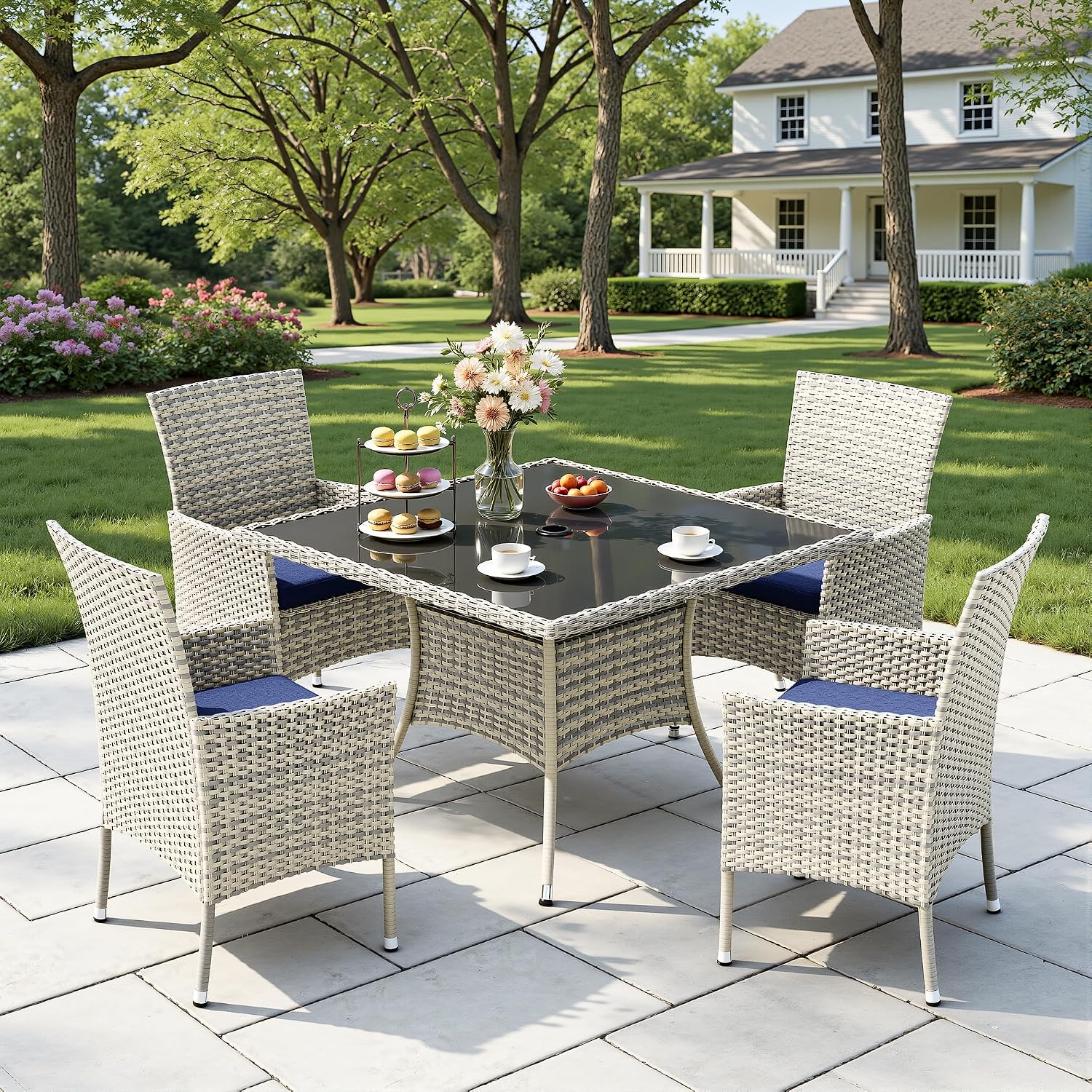 Outdoor Dining Set, 5-Piece Patio Furniture Set with Tempered Glass Table and 4 Cushioned Chairs, Dual-Strand Wicker Rattan, Balcony Furniture for Backyard, Garden, Deck,– Navy Blue