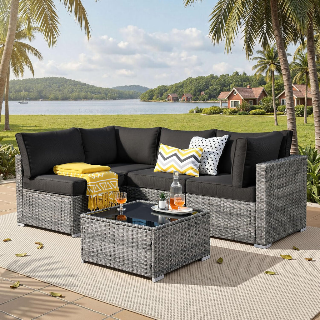 ovios Outdoor 5 Piece Coversation Set with Coffee Table,Sectional Patio Furniture Set with All-Weather Wicker Sofa,Modern Outside Couch for Balcony Backyard Pool, Black