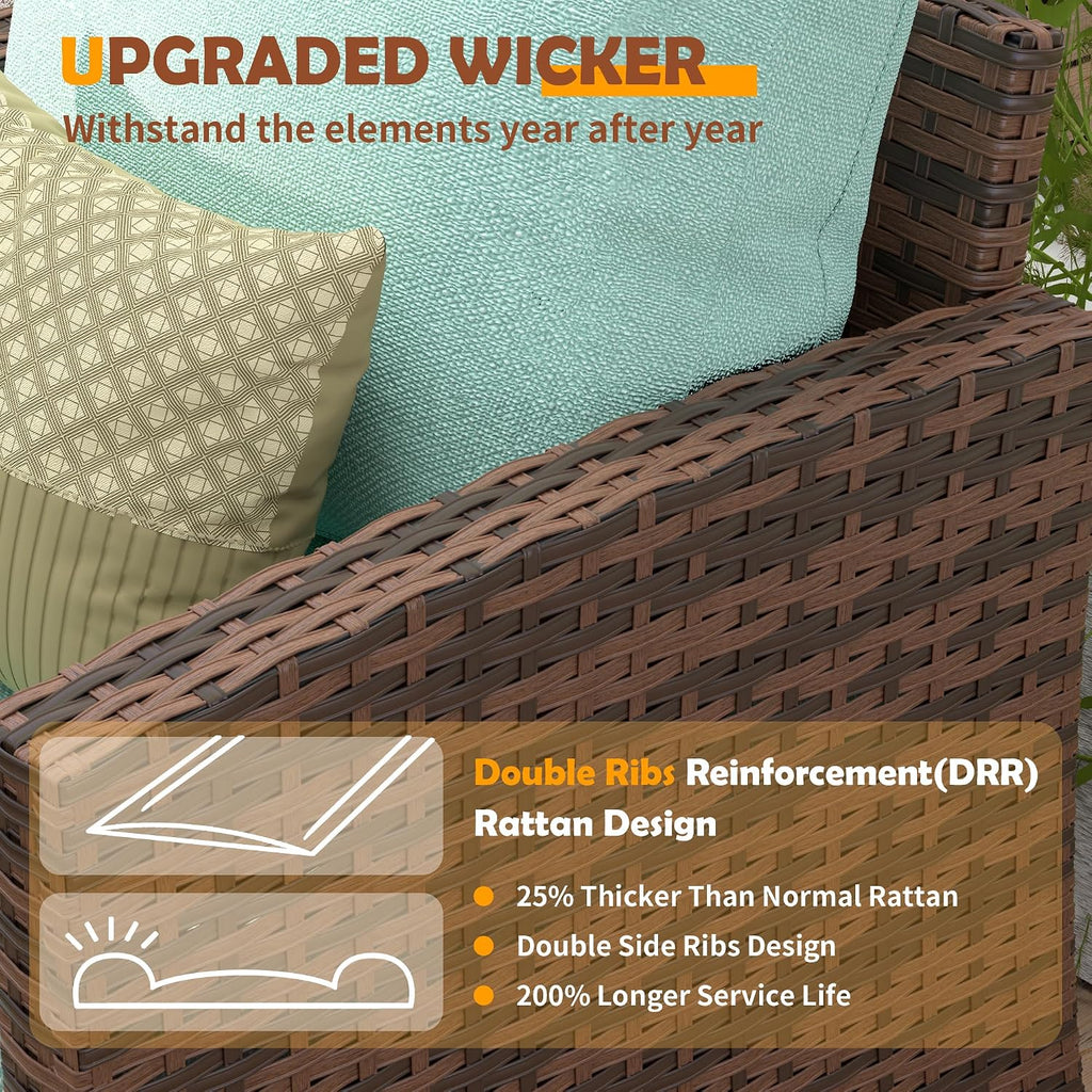 UDPATIO Patio Furniture Set, 5 Pieces Outdoor Sectional Sofa Set, All-Weather Wicker Rattan High Back Patio Conversation Set with Ottoman for Poolside, Backyard, 4' Thick Cushions, Light Blue