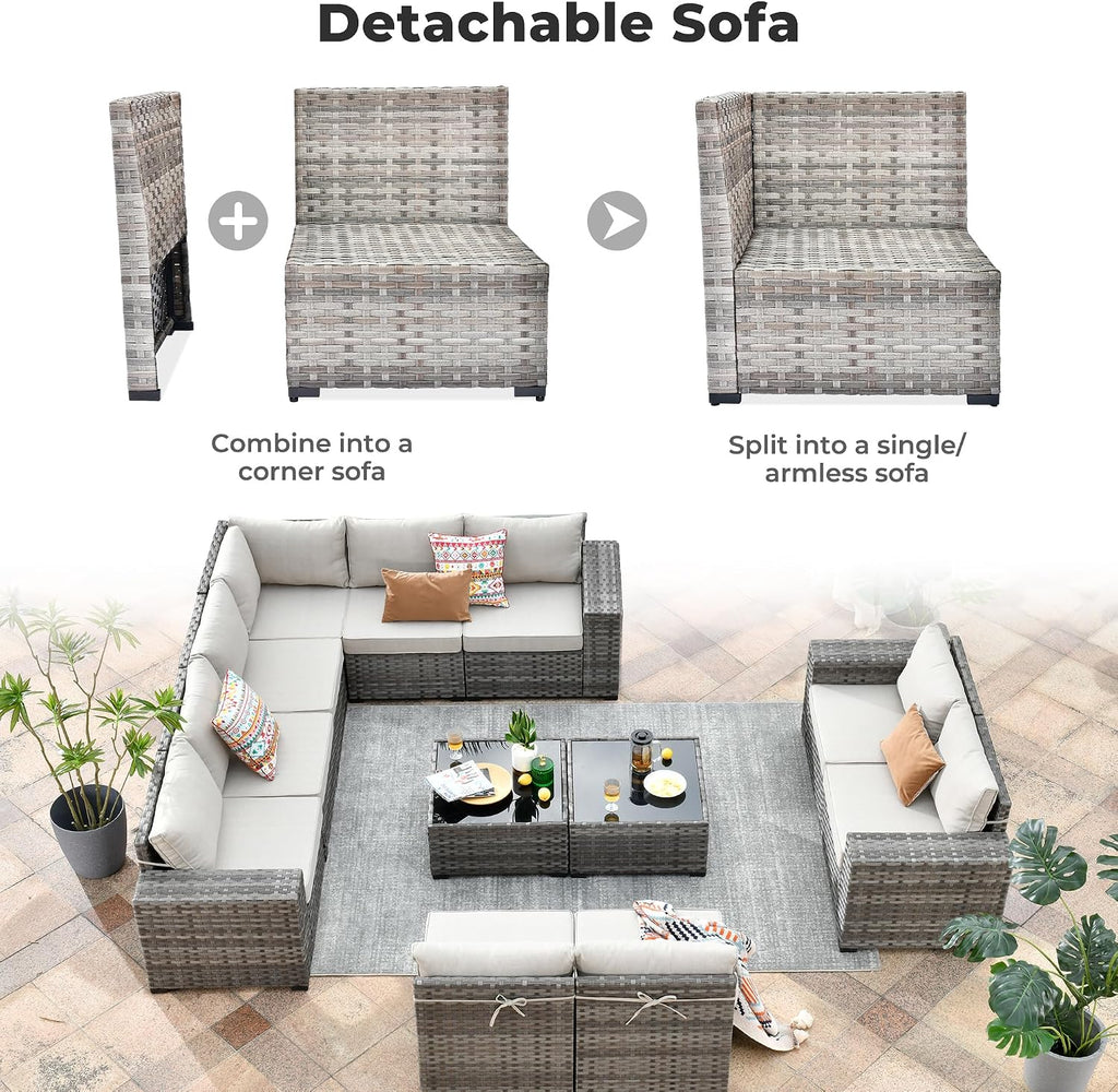 ovios 12 Pieces Patio Furniture Set, Outdoor Wicker Sectional Sofa with Coffee Table Comfy Cushions, Modern Modular Deep Seat Couch Rattan Conversation Set, Beige