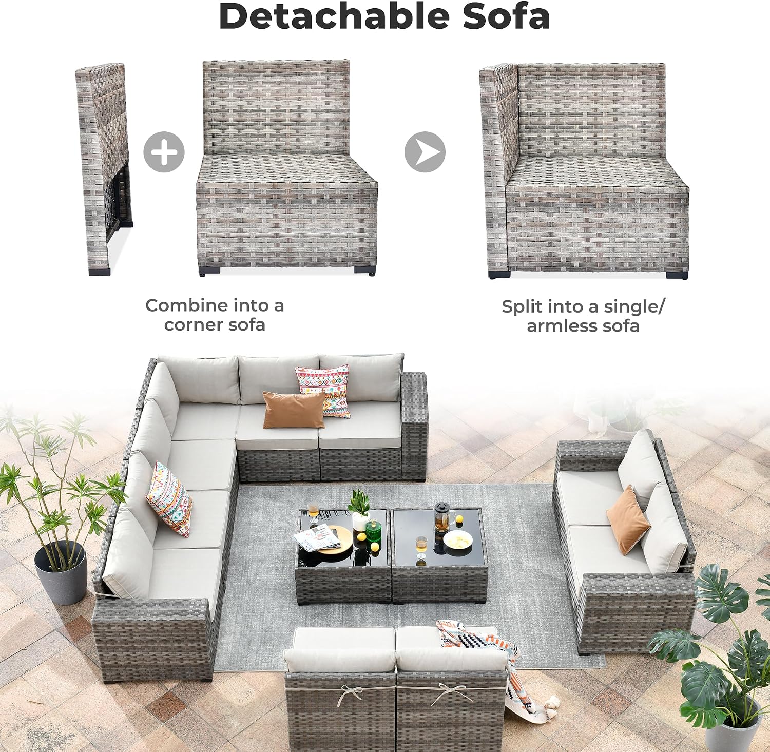 ovios 12 Pieces Patio Furniture Set, Outdoor Wicker Sectional Sofa with Coffee Table Comfy Cushions, Modern Modular Deep Seat Couch Rattan Conversation Set, Beige