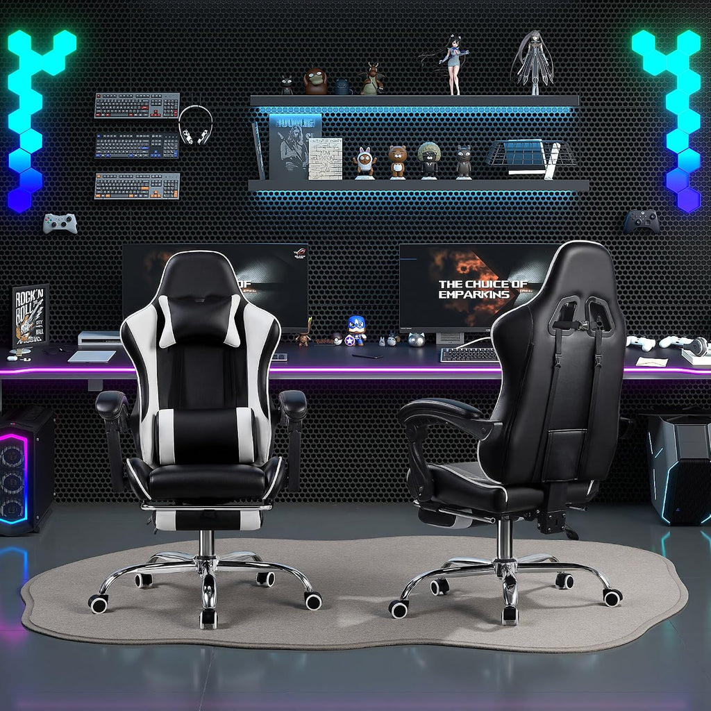 VECELO Ergonomic Gaming Chair with Footrest, Comfy Recliner Computer Chair, Swivel Seat, Height Adjustable, High Back PU Leather, Lumbar Support, Headrest for Adults, Jet Black