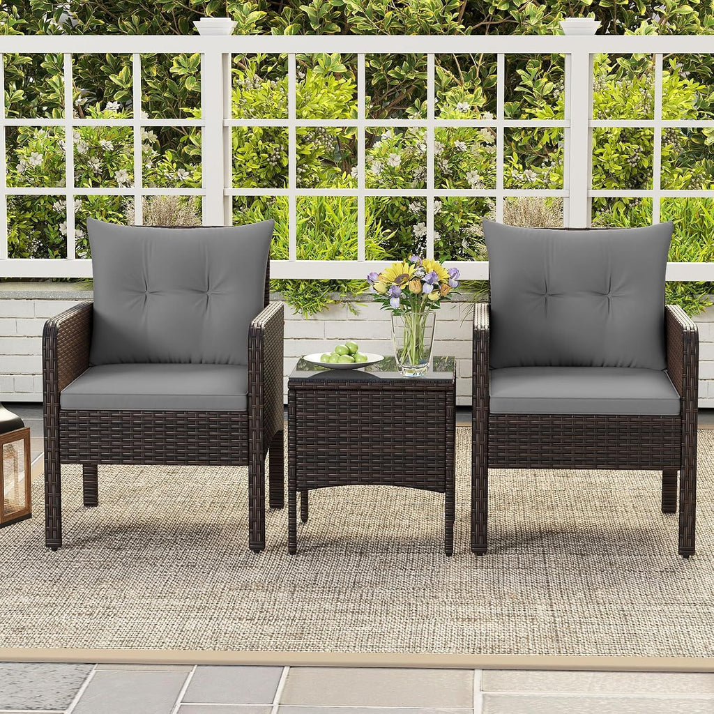 HAPPYGRILL 3 Piece Patio Bistro Set Rattan Wicker Outdoor Conversation Set with Cushions and Coffee Table, Outside Furniture with Rattan Chairs for Porch, Balcony, Deck and Garden (Gray)