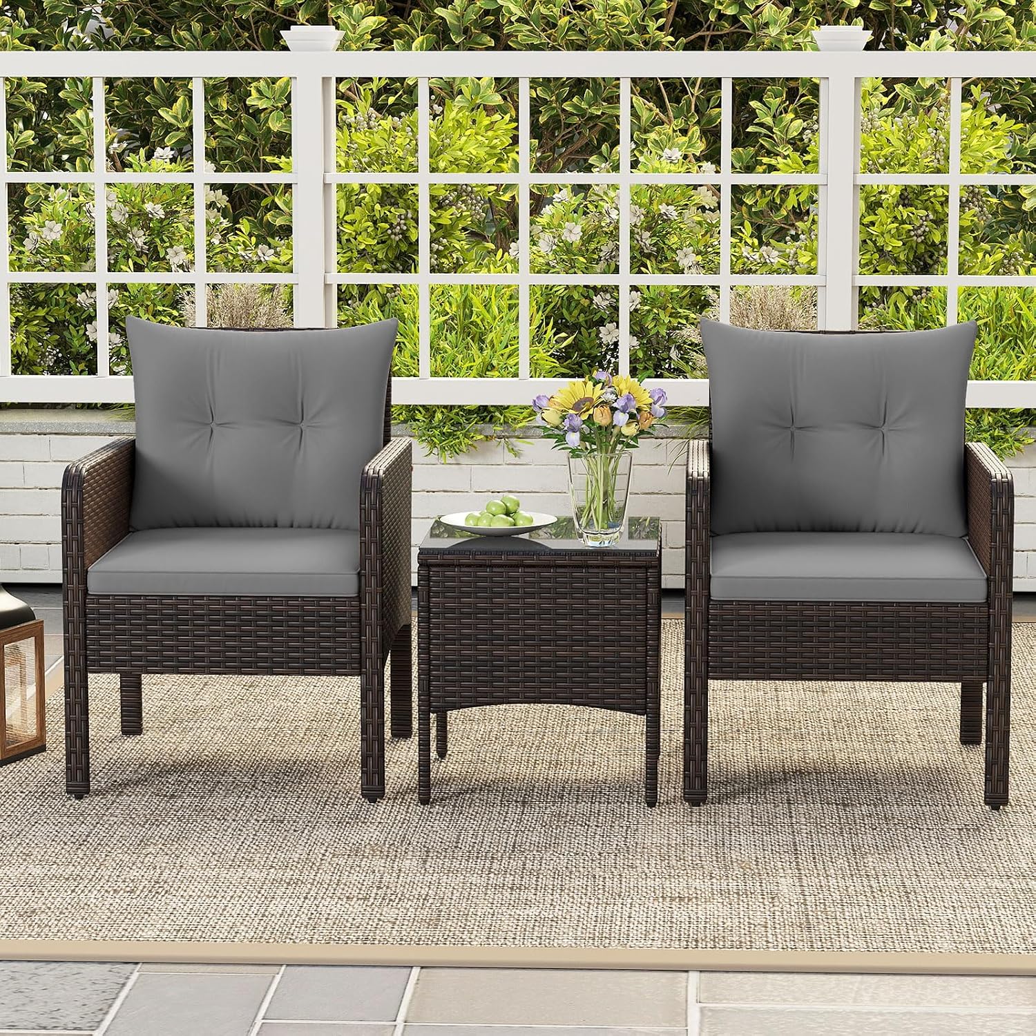 HAPPYGRILL 3 Piece Patio Bistro Set Rattan Wicker Outdoor Conversation Set with Cushions and Coffee Table, Outside Furniture with Rattan Chairs for Porch, Balcony, Deck and Garden (Gray)