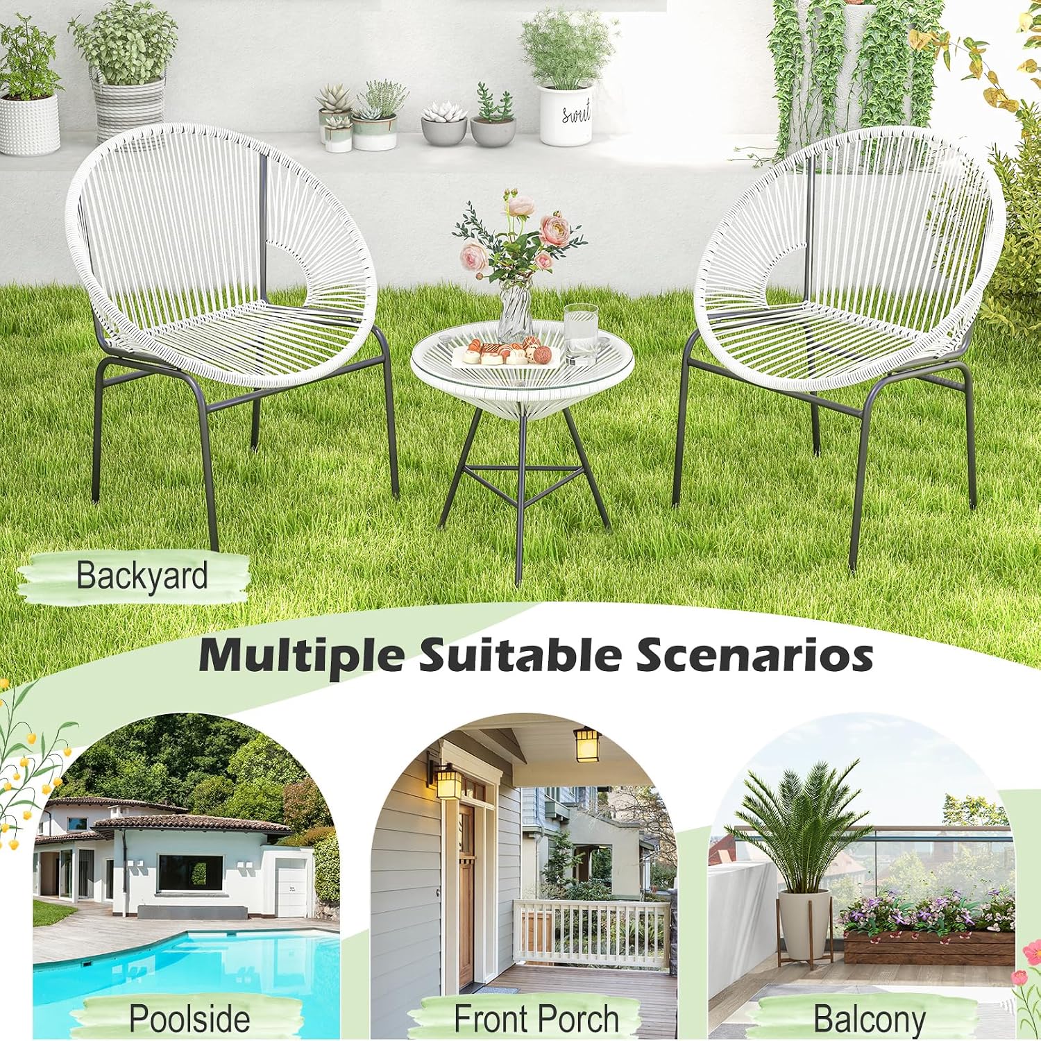 Tangkula 3 Piece Outdoor Patio Furniture Set, Acapulco Chair Set w/Plastic Rope, Tempered Glass Table, All Weather Patio Bistro Set for Patio, Lawn, Garden, Backyard