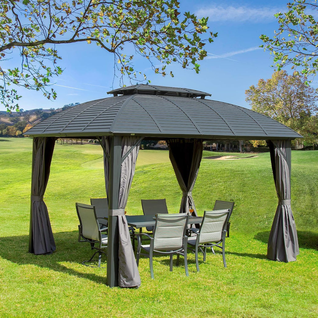 Domi Outdoor Gazebo 10'x12', Permanent Hardtop Gazebo with Aluminum Frame for Patios Deck Backyard, Galvanized Steel Double Roof, Curtains and Netting for Lawns, Garden, Poolside