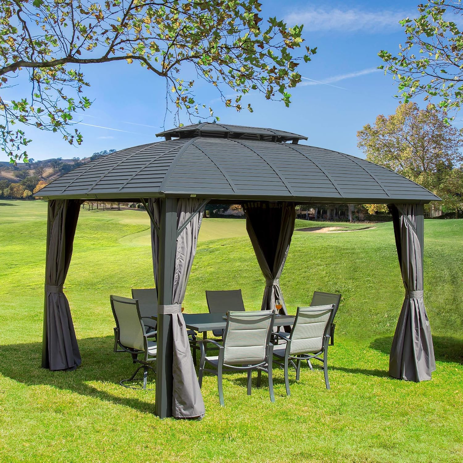 Domi Outdoor Gazebo 10'x12', Permanent Hardtop Gazebo with Aluminum Frame for Patios Deck Backyard, Galvanized Steel Double Roof, Curtains and Netting for Lawns, Garden, Poolside