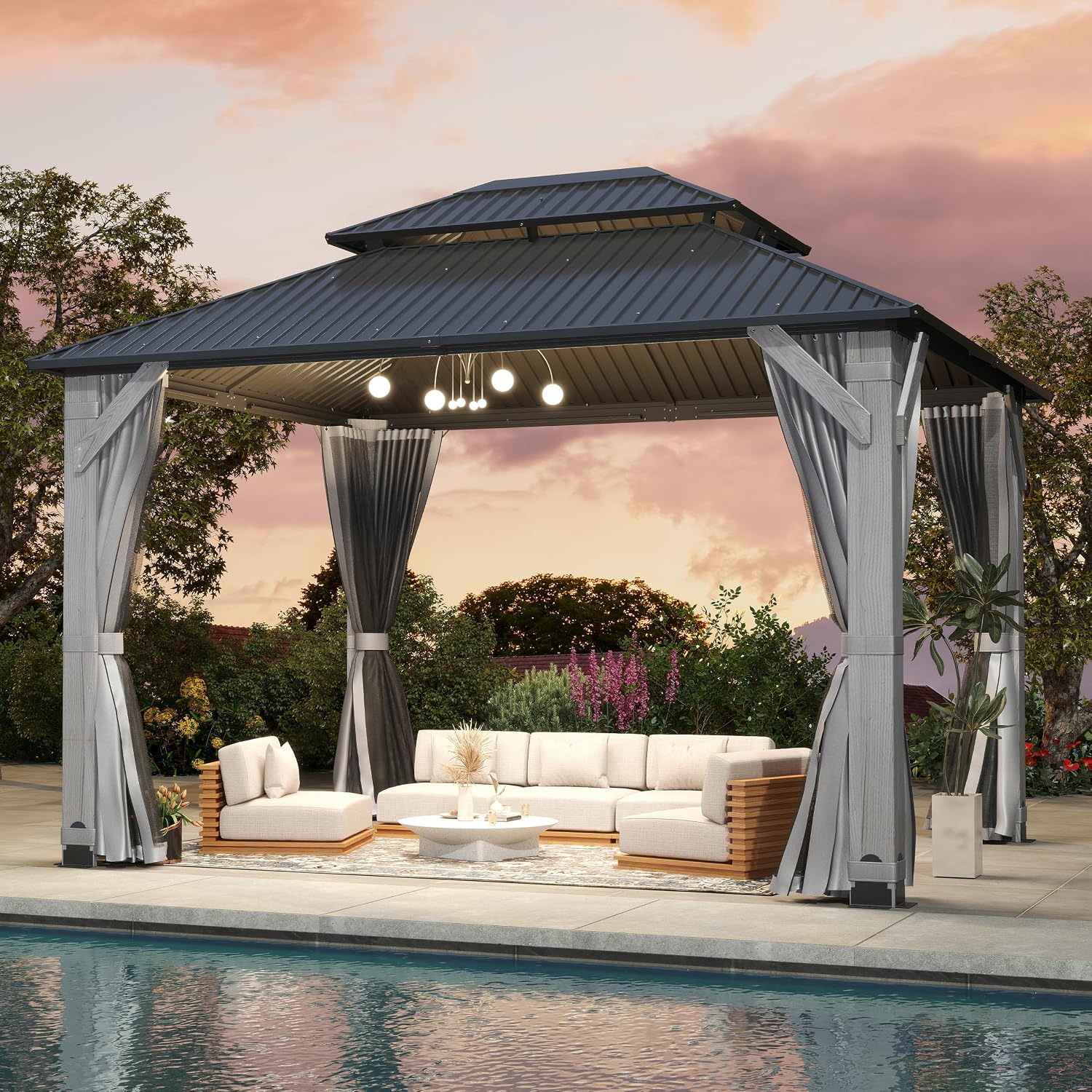 10'x12' Hardtop Wood Gazebo, Outdoor Double Roof Galvanized Steel Top Gazebo with Wooden Post, Curtains & Netting for Backyard, Patio, Deck (10x12 FT)
