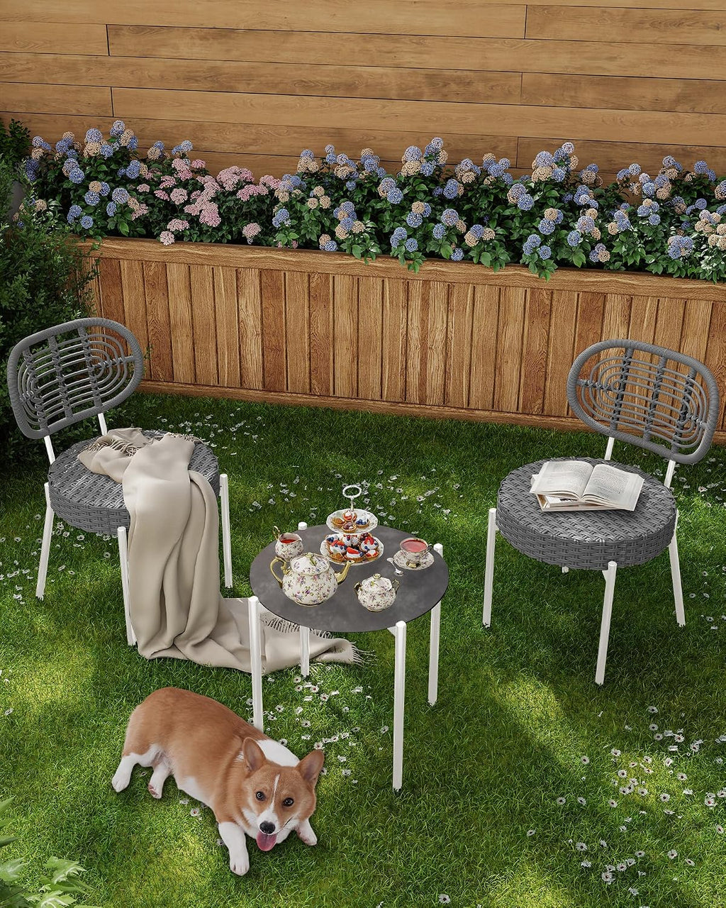 3 Piece Wicker Patio Bistro Furniture Set, Outdoor Dining Chairs, Includes 2 Rattan Chairs and Tempered Glass Table, for Garden, Backyard, Balcony, Apartment, White & Grey