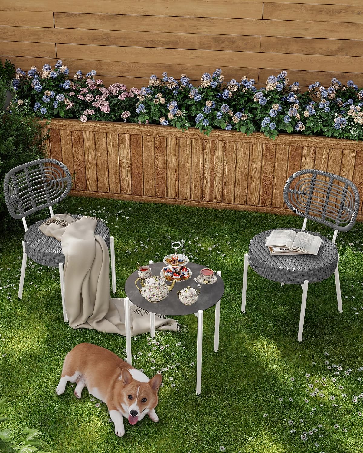 3 Piece Wicker Patio Bistro Furniture Set, Outdoor Dining Chairs, Includes 2 Rattan Chairs and Tempered Glass Table, for Garden, Backyard, Balcony, Apartment, White & Grey
