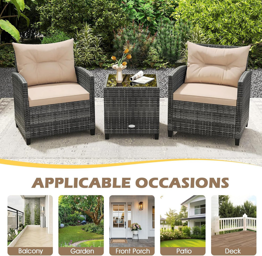 RELAX4LIFE 3 Piece Patio Furniture Set, Wicker Bistro Conversation Set w/2 Cushioned Armchairs & Glass Topped Table, Outdoor Rattan Sofa Set Patio Furniture for Porch Balcony Poolside (Grey-Beige)