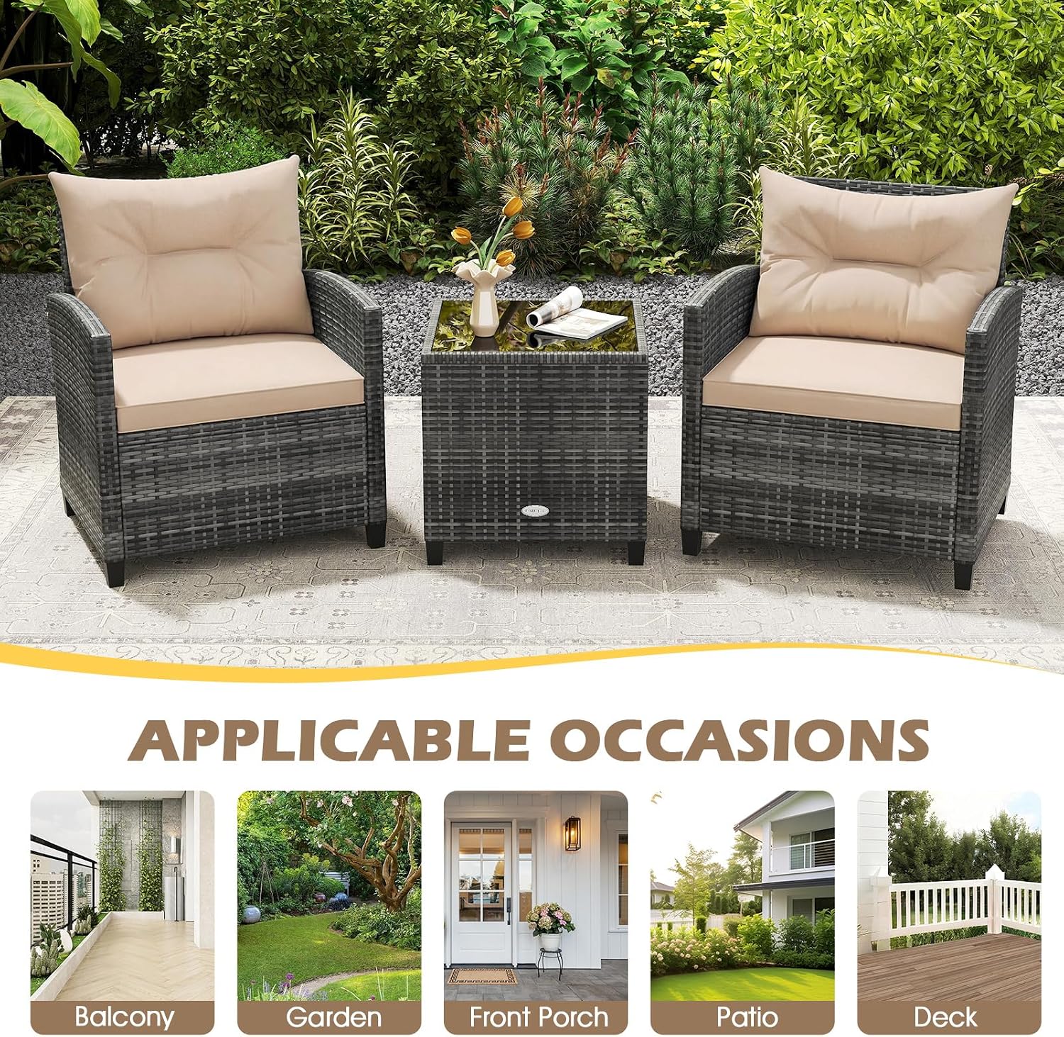 RELAX4LIFE 3 Piece Patio Furniture Set, Wicker Bistro Conversation Set w/2 Cushioned Armchairs & Glass Topped Table, Outdoor Rattan Sofa Set Patio Furniture for Porch Balcony Poolside (Grey-Beige)