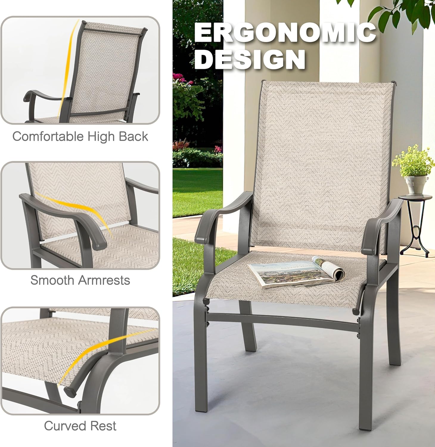 NUU GARDEN 5-Piece Outdoor Dining Set, 4 Textilene Patio Dining Chairs and 37'' Square Slatted Table with Umbrella Hole, Weather-Resistant Patio Furniture for Garden, Patio, Backyard, Beige