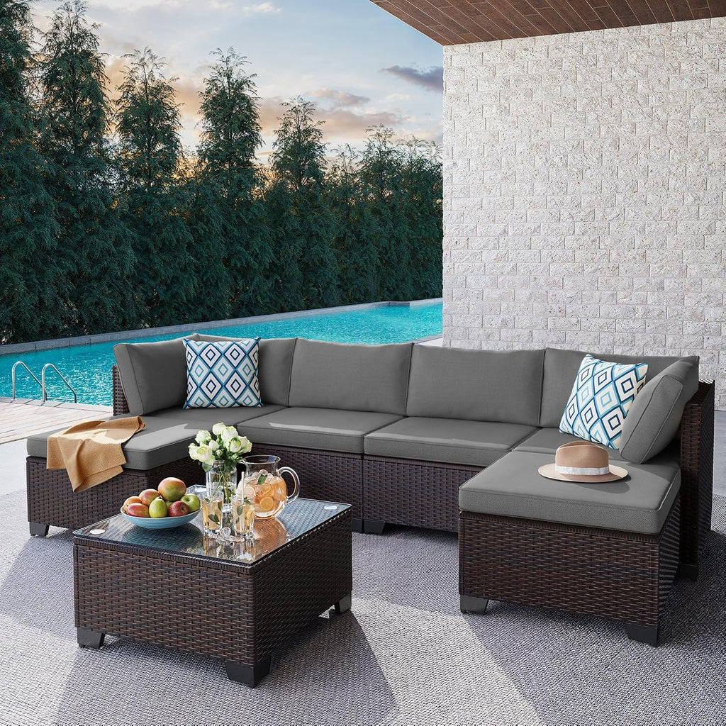 Gizoon 7 Pieces Outdoor Patio Furniture Set, All-Weather PE Rattan Wicker Sectional Sofa Seating with Waterproof Cushions and Coffee Table, Outdoor Conversation Set for Garden, Backyard, Balcony