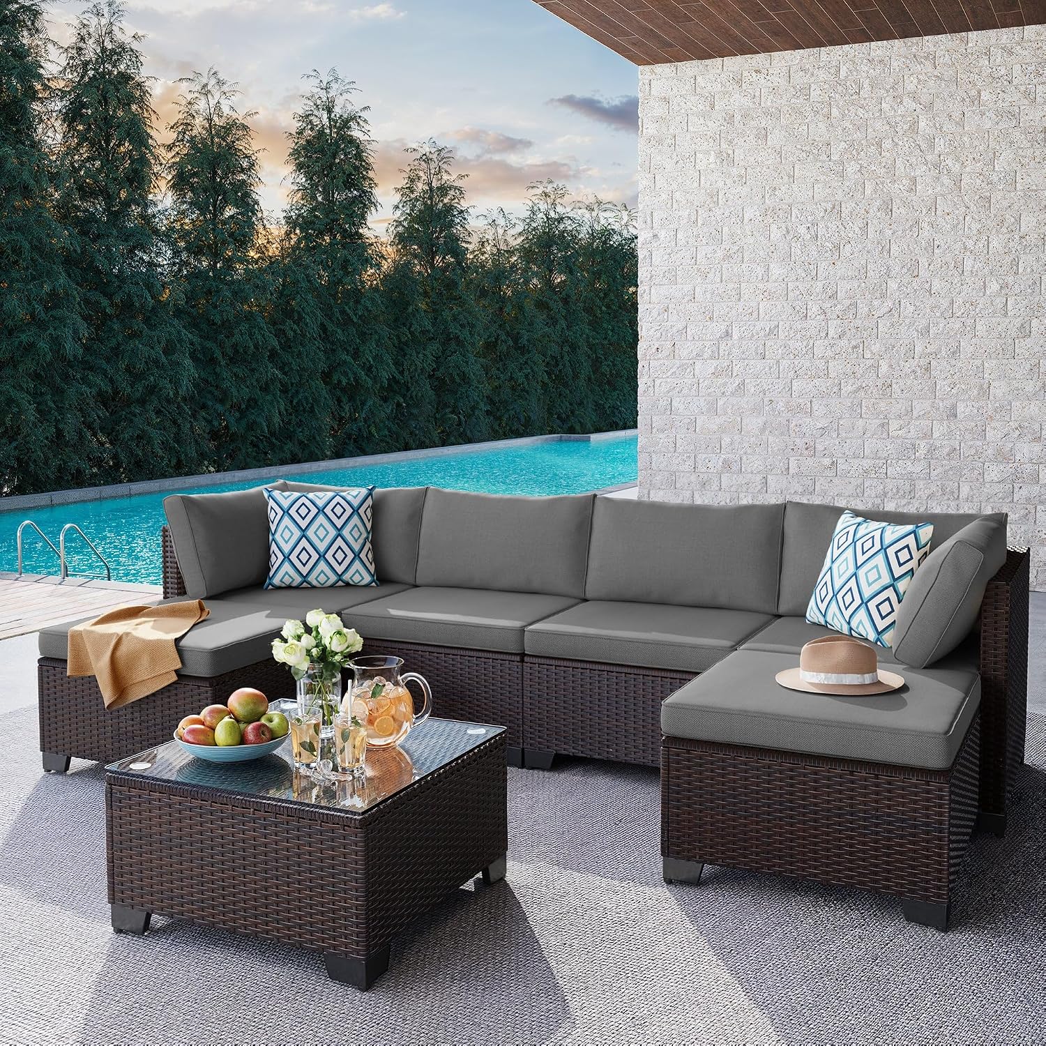Gizoon 7 Pieces Outdoor Patio Furniture Set, All-Weather PE Rattan Wicker Sectional Sofa Seating with Waterproof Cushions and Coffee Table, Outdoor Conversation Set for Garden, Backyard, Balcony