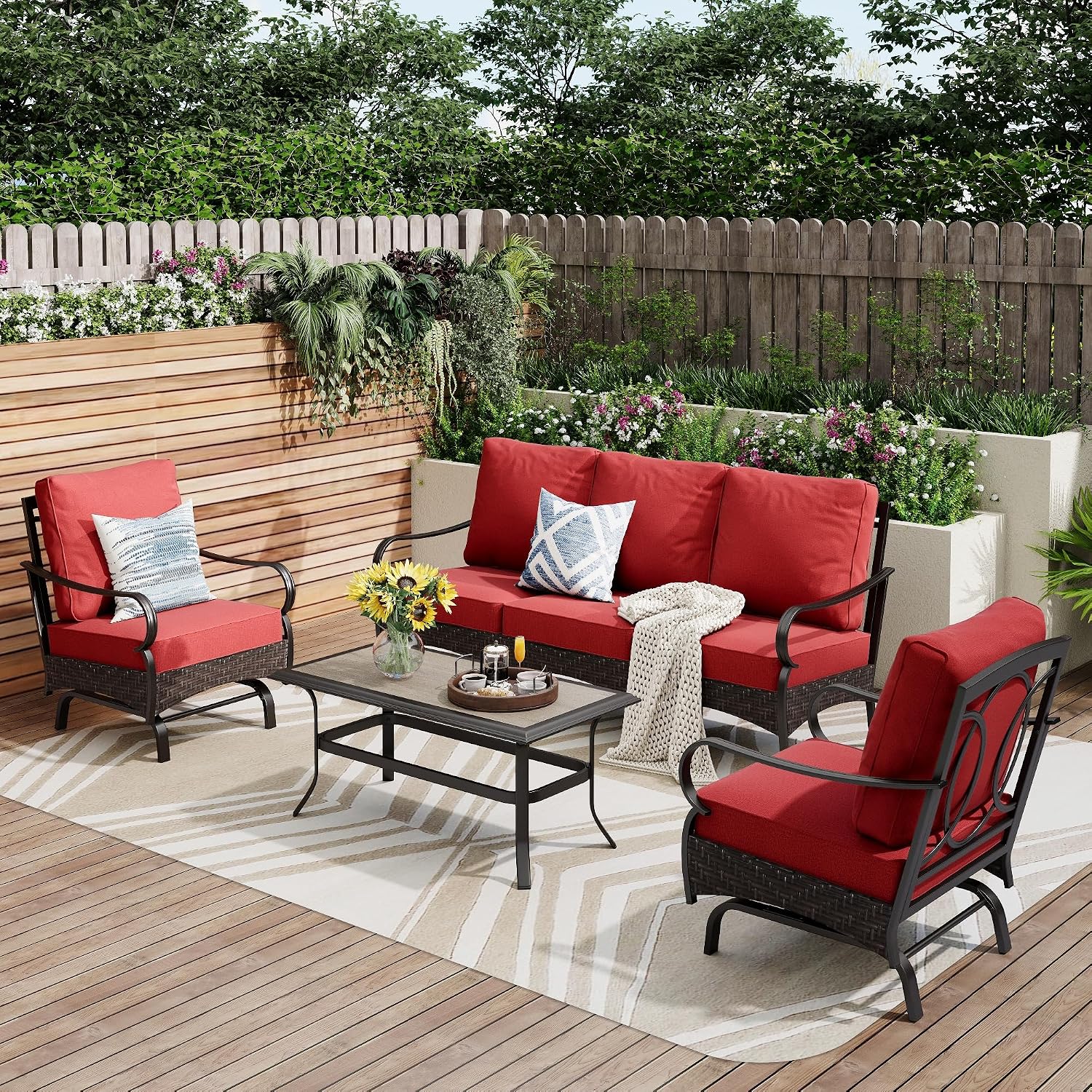 PHI VILLA Outdoor Modern Patio Furniture Set, Upgraded Wicker & Metal Patio Furniture Conversation Set with Waterproof Thick Cushions for Porch, Poolside, Yard (4 Pieces,Red)