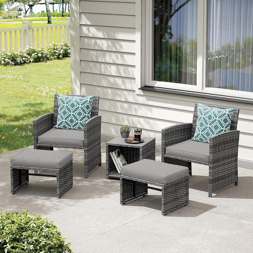 OC Orange-Casual 5 Piece Patio Furniture Set, Wicker Outdoor Conversation Chair and Ottoman Set with Coffee Table, Pillows Included, for Balcony, Porch, Deck, Light Grey