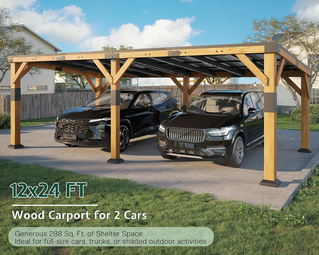Jocisland 12x24x8.2 FT Cedar Wood Carport for 2 Cars, Heavy Duty Canopy Carport with Sloped Galvanized Steel Roof for All Weather, Permanent Shelter for Full-Sized Pickup Truck, Boat & Tractor