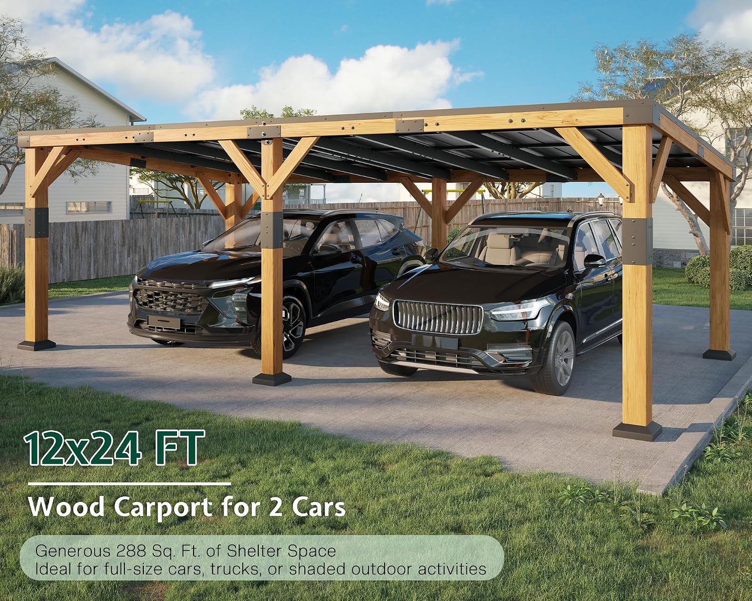 Jocisland 12x24x8.2 FT Cedar Wood Carport for 2 Cars, Heavy Duty Canopy Carport with Sloped Galvanized Steel Roof for All Weather, Permanent Shelter for Full-Sized Pickup Truck, Boat & Tractor