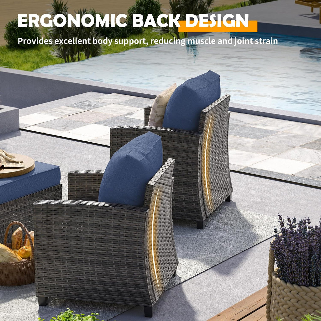 UDPATIO Patio Furniture Set, 5 Pieces Outdoor Sectional Sofa Set, All-Weather Wicker Rattan High Back Outdoor Conversation Set with Ottoman for Poolside, Backyard, Grey Wicker Navy Blue Cushion