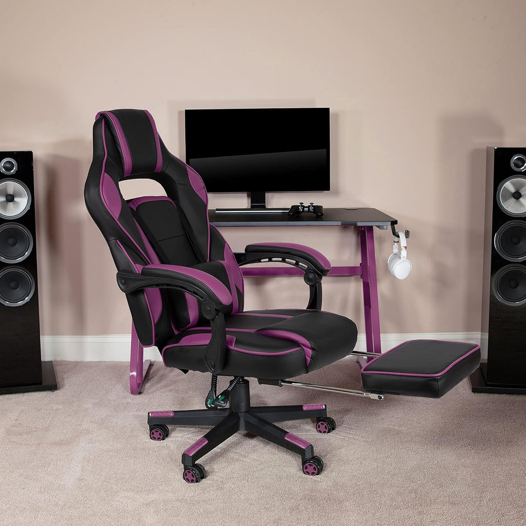 EMMA + OLIVER Black/Purple Ergonomic Gaming Chair -Recline Back/Arms, Footrest, Massaging Lumbar