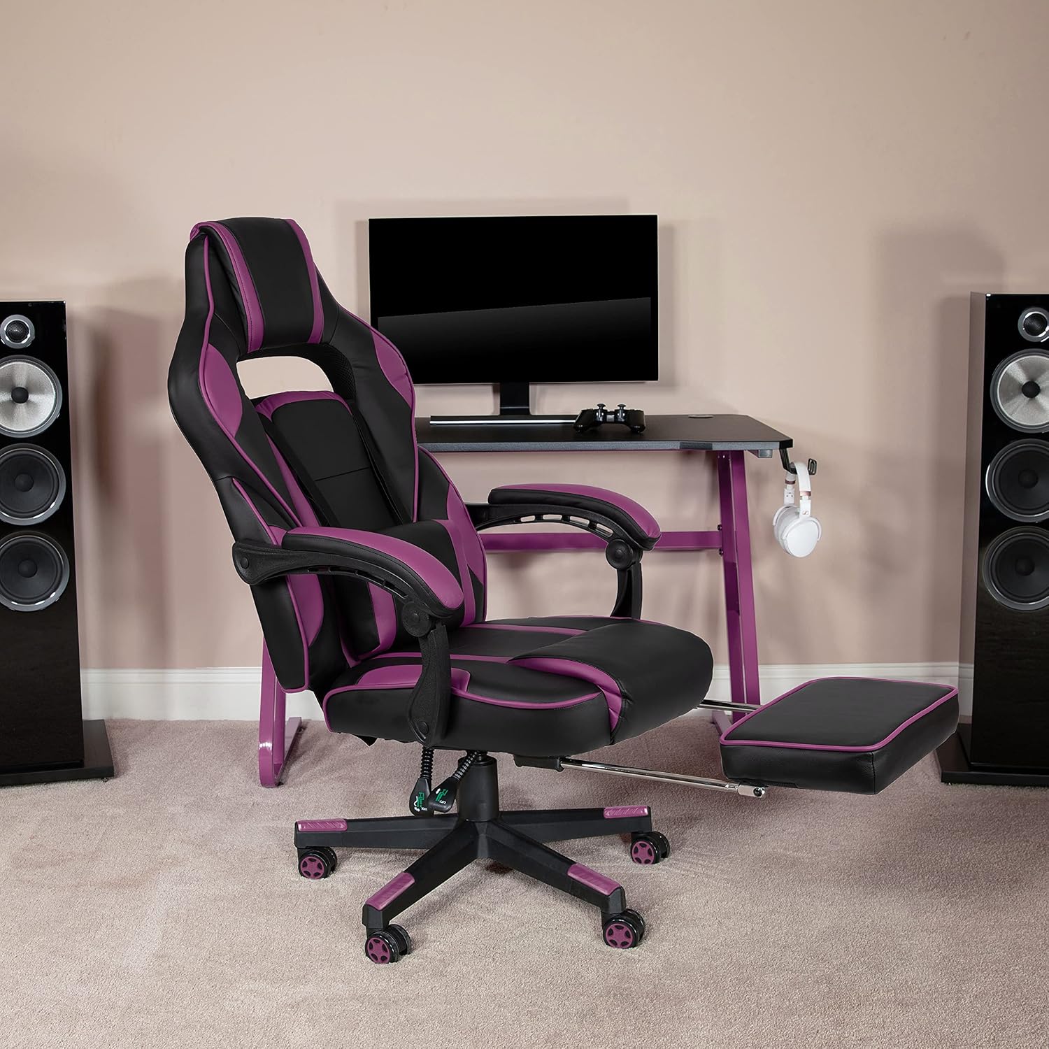 EMMA + OLIVER Black/Purple Ergonomic Gaming Chair -Recline Back/Arms, Footrest, Massaging Lumbar