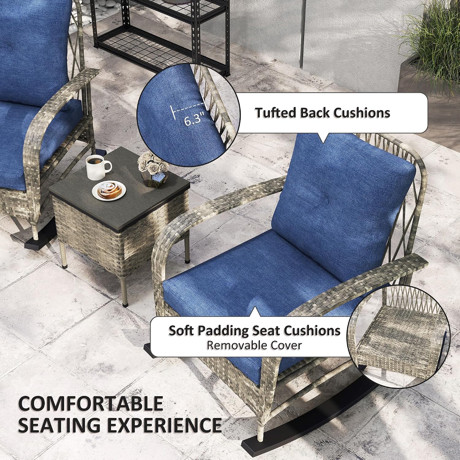 Outsunny 3 Piece Wicker Patio Furniture Set, PE Rattan Rocking Chairs with Coffee Table, Cushions, Outdoor Bistro Set for Porch, Garden, Poolside, Gray