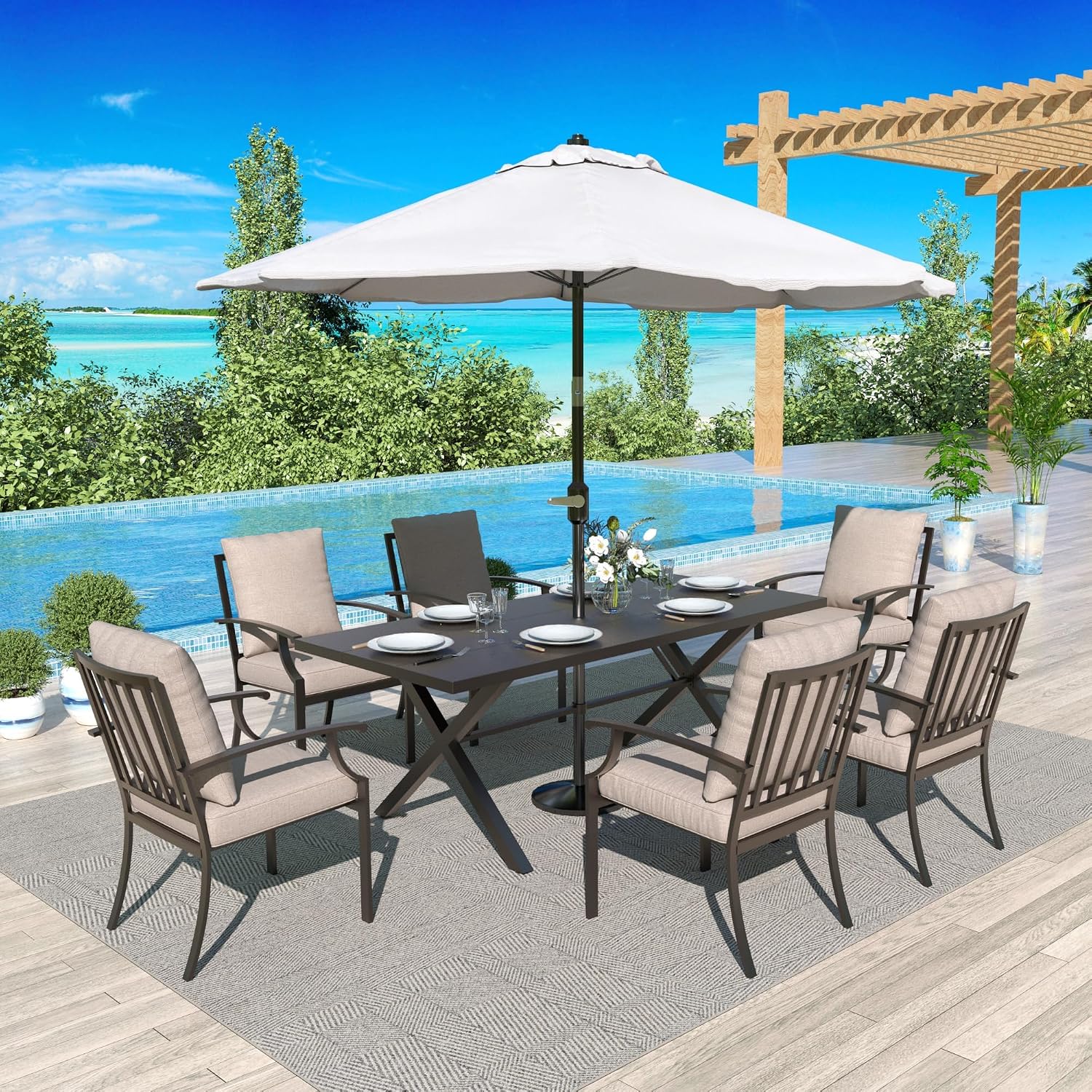 Gotland 7 Piece Outdoor Dining Set, Metal Outdoor Table and Chairs with X-Shaped Legs 1.5' Umbrella Hole, Patio Furniture Set with Waterproof Cushions, Patio Dining Sets for Backyard Deck Khaki