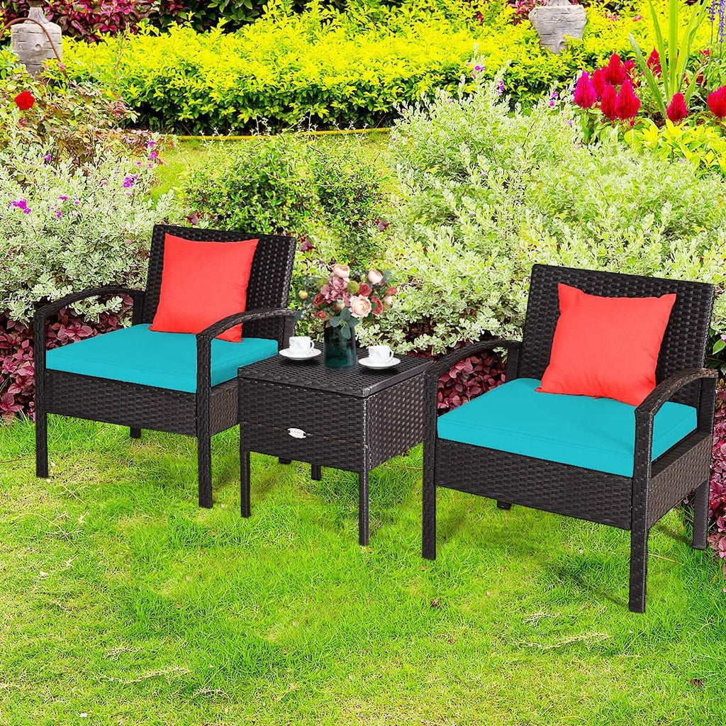 HAPPYGRILL 3 Piece Patio Furniture Set Rattan Wicker Sofa Set with Removable Cushions and Coffee Table, Outdoor Conversation Bistro Chairs Set with Storage Table for Garden Poolside Balcony