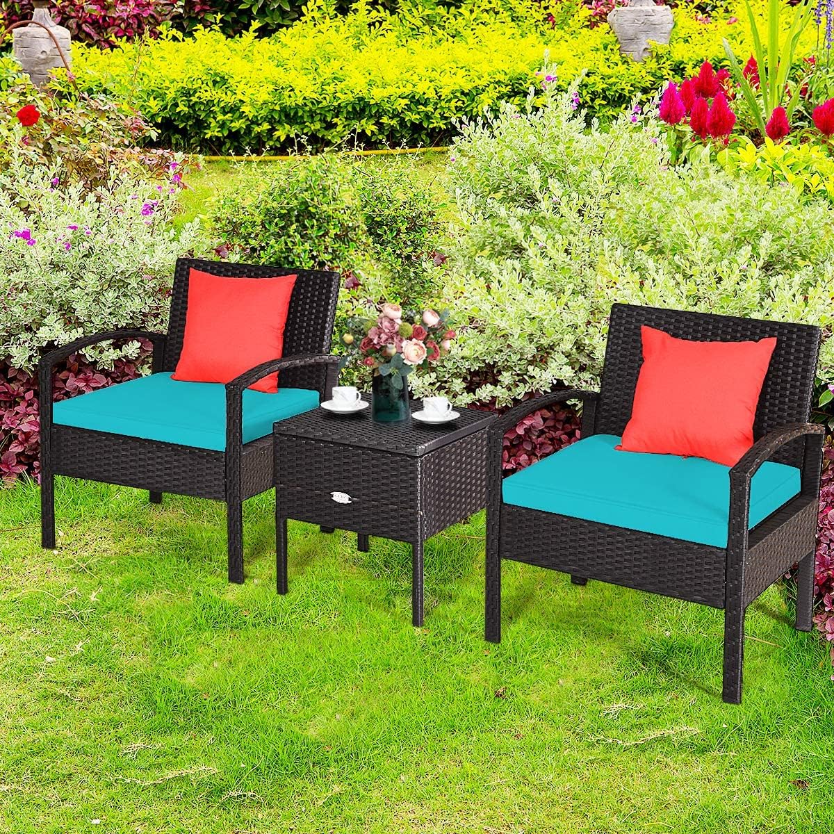 HAPPYGRILL 3 Piece Patio Furniture Set Rattan Wicker Sofa Set with Removable Cushions and Coffee Table, Outdoor Conversation Bistro Chairs Set with Storage Table for Garden Poolside Balcony